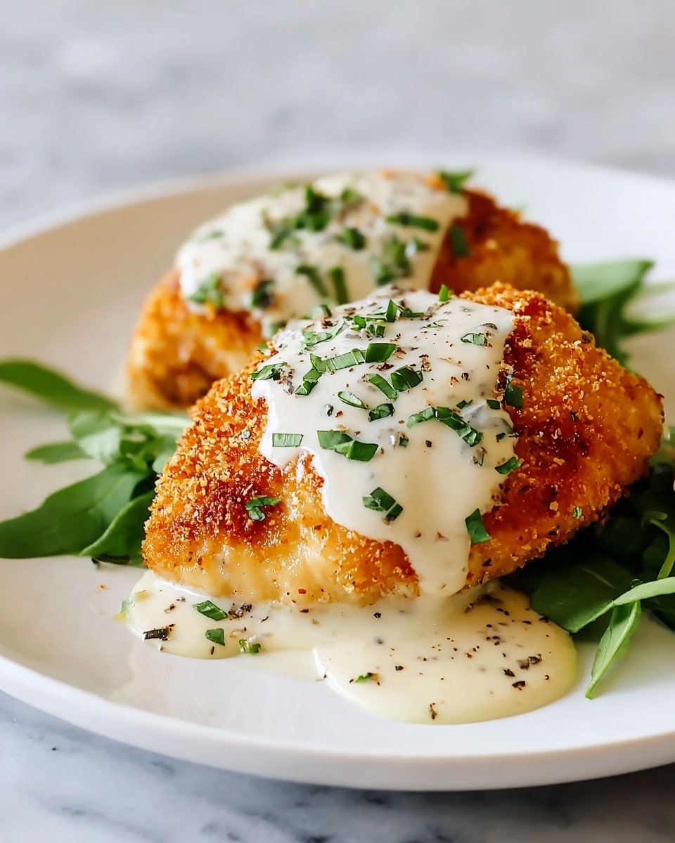 Two rounded, golden-brown breaded chicken breasts sit on a white plate, each topped with a creamy white sauce speckled with chopped green herbs and black pepper. The chicken's crispy texture contrasts with the smooth, slightly thick sauce that drips down the sides and pools around the base. Fresh green leaves are placed under and around the chicken, adding a touch of vibrant color to the scene. The plate rests on a white marbled surface, giving the image a clean and elegant feel. photo taken with an iphone --ar 4:5 --v 7