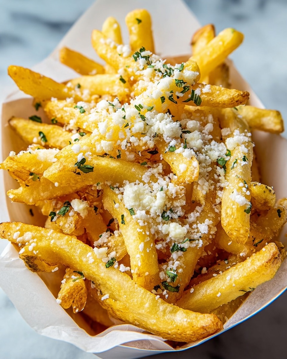 A white bowl lined with crumpled parchment paper holds a pile of golden French fries, each fry thick and crispy with a warm yellow hue, topped with finely grated white cheese scattered evenly across the fries. Small bright green herb pieces are sprinkled over the fries, adding a touch of color contrast. The bowl rests on a white marbled surface, which softly reflects the light, emphasizing the warm textures of the fries and cheese. photo taken with an iphone --ar 4:5 --v 7