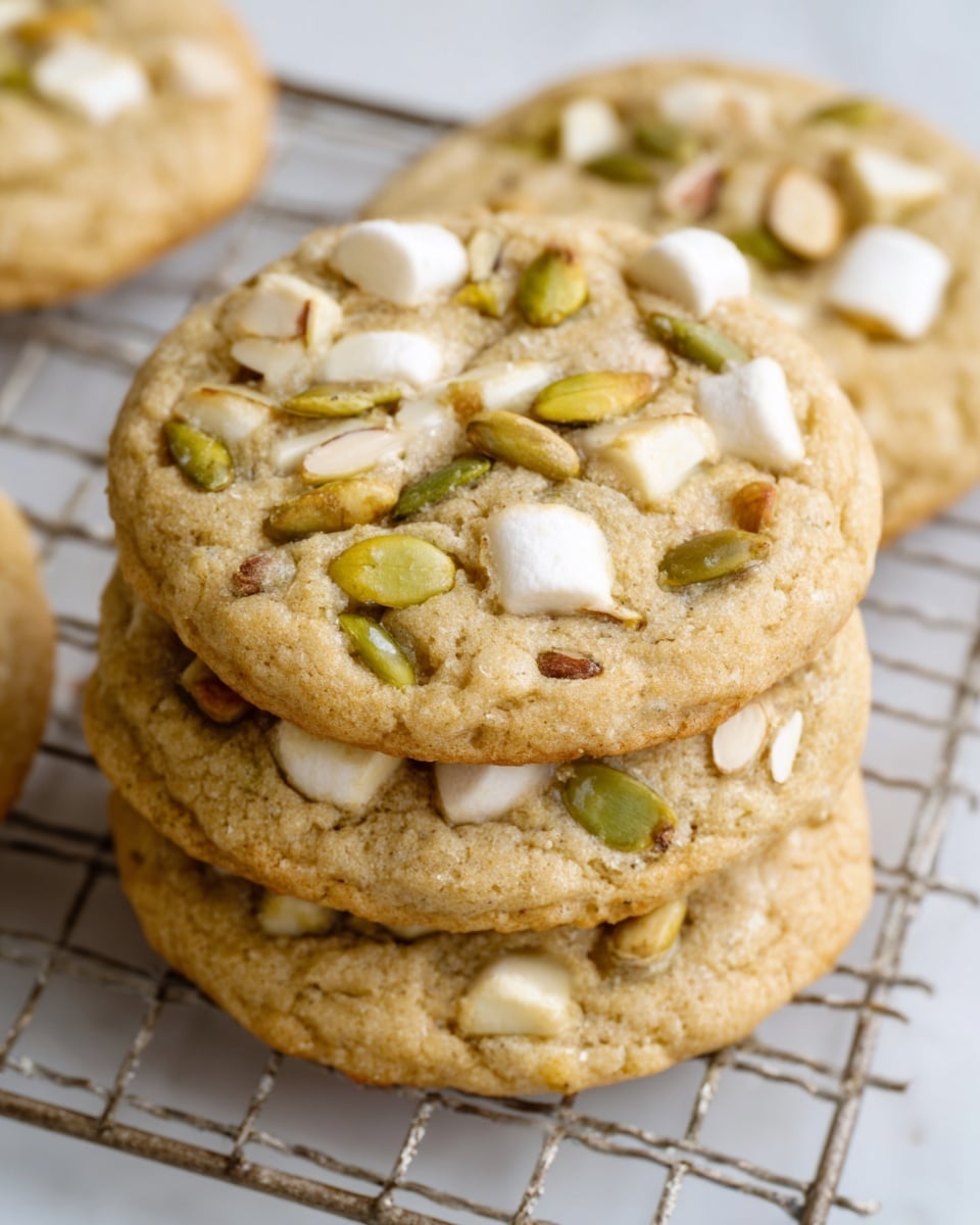 A close-up view of three round cookies stacked slightly on top of each other, each cookie light golden brown with a soft texture. The cookies are filled with small white marshmallows unevenly scattered across the surface, along with green pumpkin seeds and small bits of almonds, giving a mix of white, green, and light brown colors on top. The edges of the cookies show slight cracks and a chewy look, all resting on a light gray wire cooling rack that sits on a white marbled surface. photo taken with an iphone --ar 4:5 --v 7