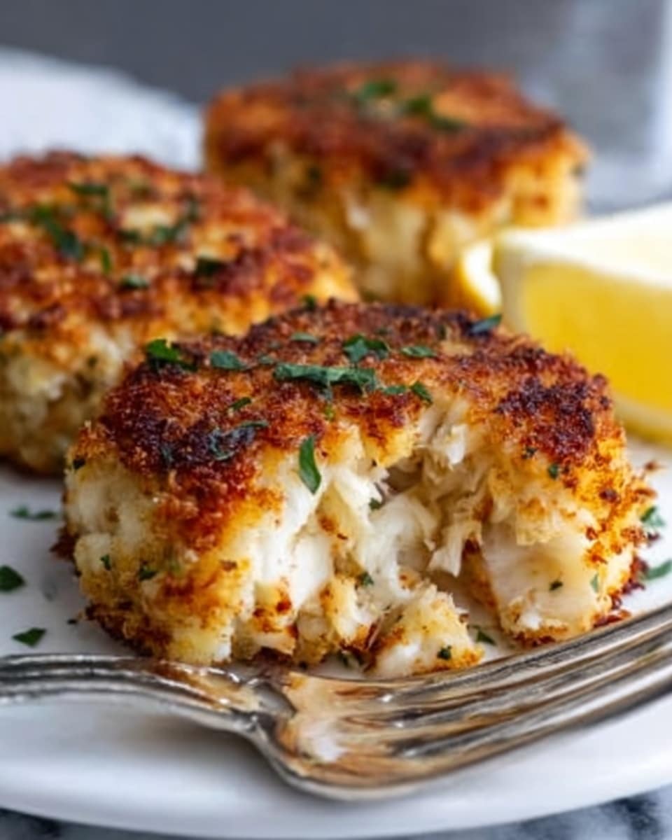 A close-up image of a golden brown crab cake with a crispy crust, placed on a white plate with a shiny silver fork next to it. The crab cake is thick with bits of crab meat visible inside and lightly browned herbs sprinkled on top. Behind it, there are two more crab cakes, slightly blurred, resting on the same plate, and a lemon wedge can be seen to the side. The background features a white marbled surface. Photo taken with an iphone --ar 4:5 --v 7