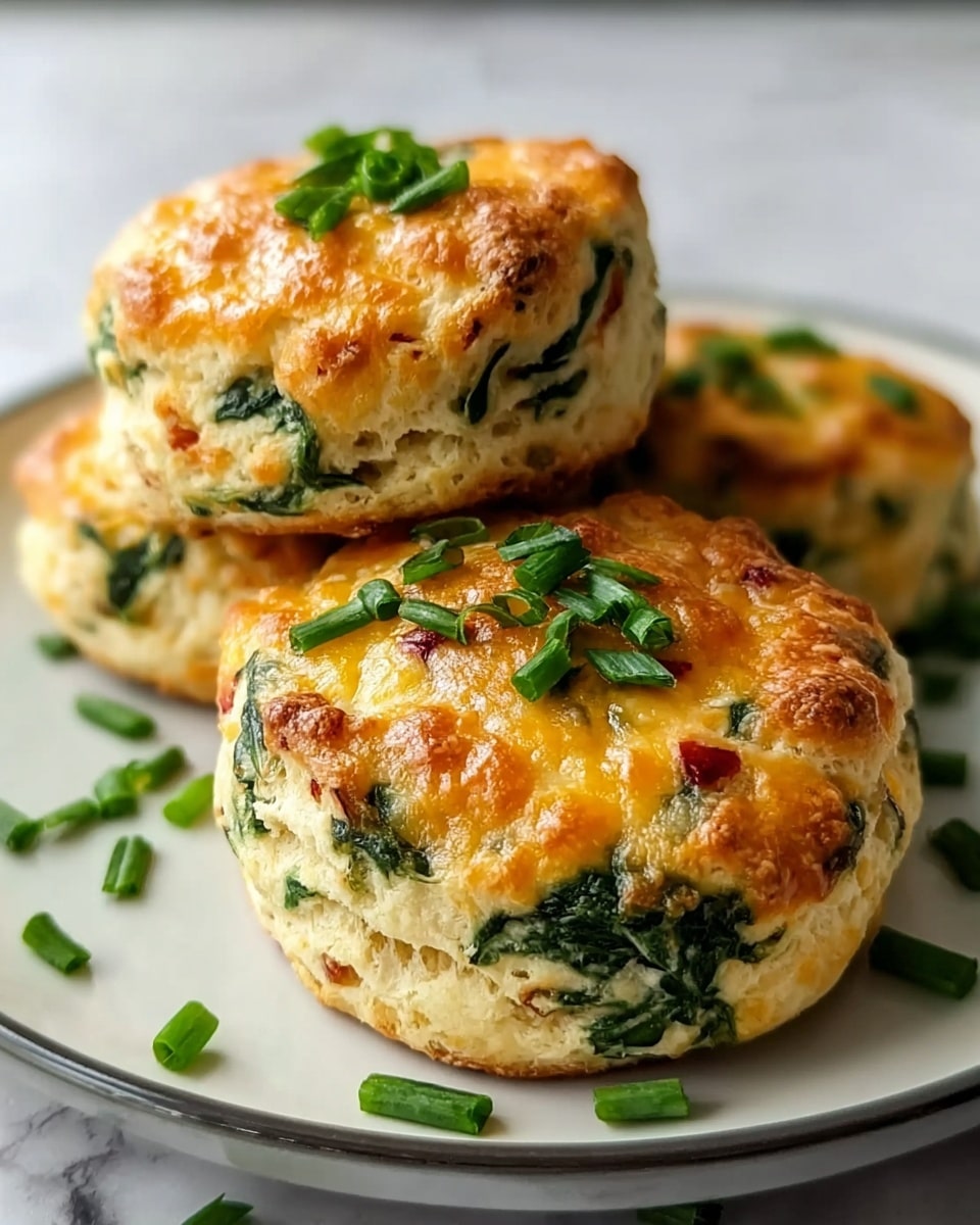 The image shows four round, thick biscuits on a white plate with a gray rim, placed on a white marbled surface. Each biscuit has a golden-brown top with melted cheese that appears slightly crispy. Inside, they are filled with yellow cheese strands, green spinach leaves, and small bits of red pepper, giving the biscuits a colorful and textured look. Some chopped green herbs are sprinkled on top and around the plate. The overall appearance is warm, cheesy, and fresh. Photo taken with an iphone --ar 4:5 --v 7