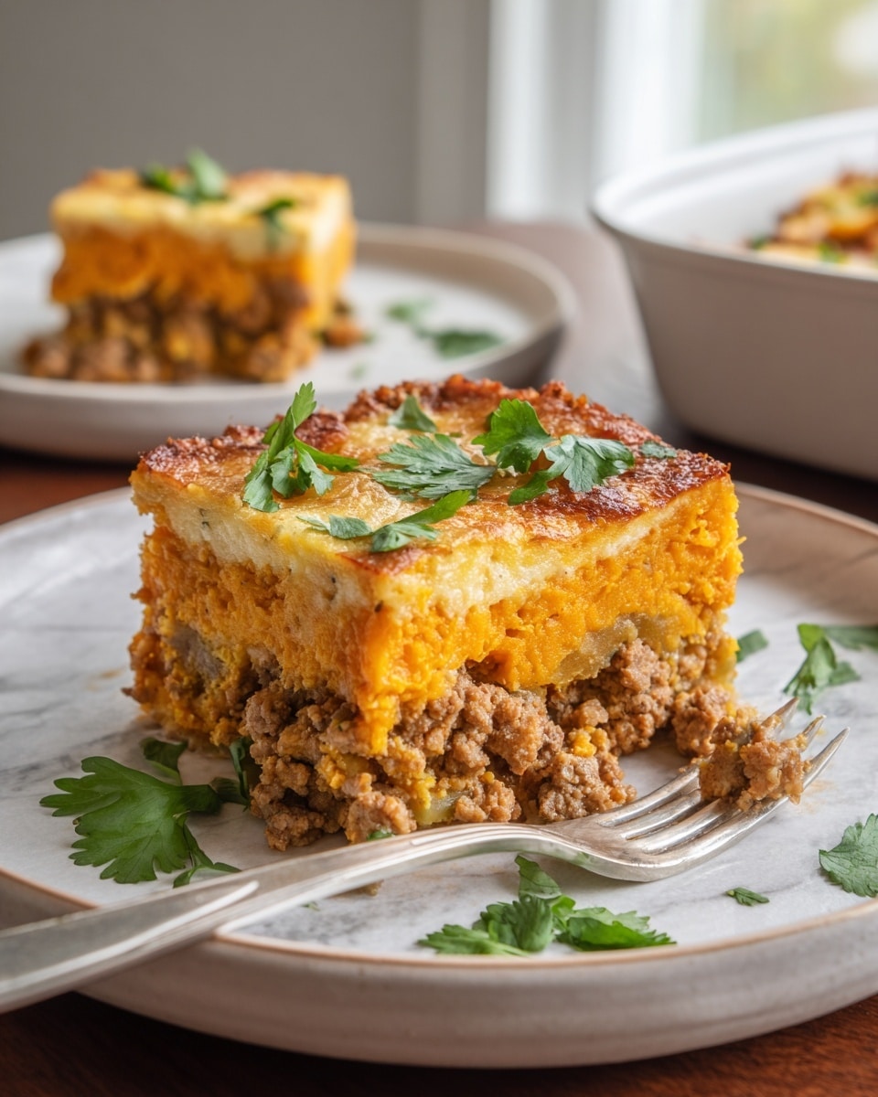 The image shows a square slice of layered casserole on a white plate, placed on a wooden table with a white marbled texture in the background. The dish has three visible layers: the bottom layer is a brown, crumbly meat mixture, the middle layer is a bright orange layer that looks like mashed sweet potatoes, and the top layer is a golden, slightly browned cheesy or egg layer that looks fluffy. Fresh green cilantro leaves are scattered on top of the dish and around the plate for garnish. A silver fork rests on the right side of the plate. In the blurred background, there is another similar slice on a white plate. Photo taken with an iphone --ar 4:5 --v 7