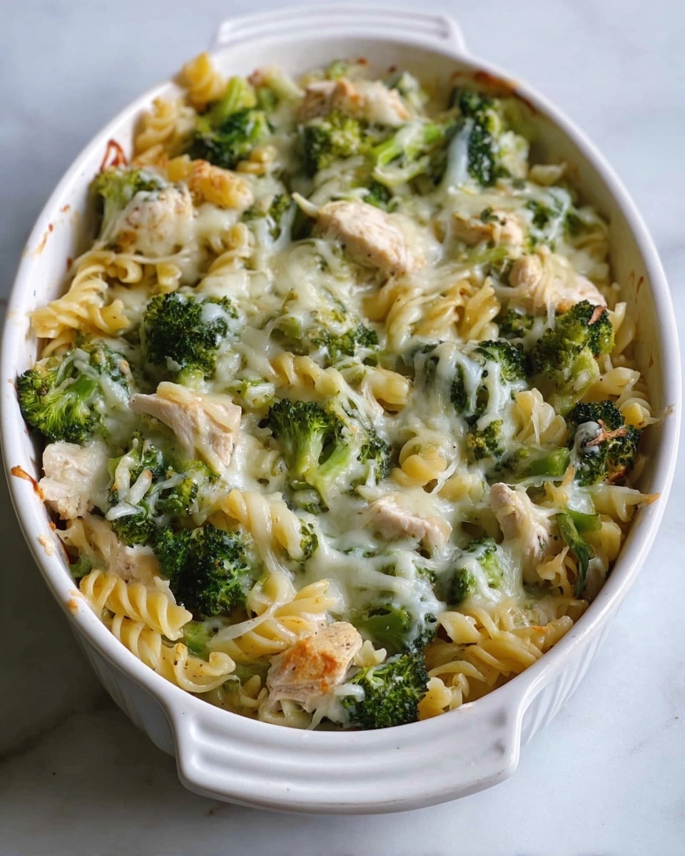 A white oval baking dish filled with a creamy pasta bake showing three main layers: the bottom layer of cooked spiral pasta in light yellow, the middle layer of bright green broccoli florets mixed evenly, and the top layer of melted white cheese with slightly browned spots, all mixed with chunks of light brown cooked chicken. The dish sits on a white marbled surface. photo taken with an iphone --ar 4:5 --v 7