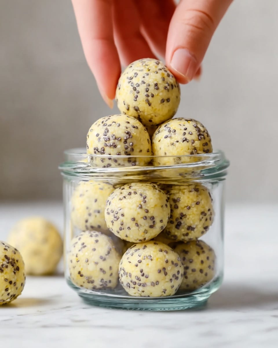 A clear glass jar filled with light yellow round balls that have small black and white seeds spread all over their textured surface. A woman's hand gently holds one ball above the jar, ready to pick it up. The jar is placed on a white marbled surface with a very soft and blurred pale background. The balls appear smooth but speckled with the tiny seeds, stacked neatly inside the jar. photo taken with an iphone --ar 4:5 --v 7