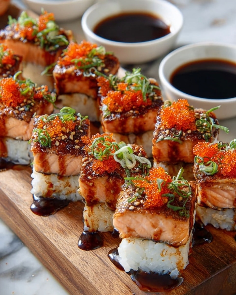 The image shows neatly arranged sushi pieces on a wooden board placed on a white marbled surface. Each sushi piece has three layers: a bottom layer of white rice with a slightly sticky texture, a thick middle layer of pink-orange grilled salmon with a lightly charred surface, and a topping of dark glossy sauce drizzled over the salmon. Small bright red fish roe and finely chopped green onions are sprinkled on top of each piece. There are also sesame seeds scattered on the salmon and sauce, adding texture. In the background, two small white bowls hold dark soy sauce, adding contrast. photo taken with an iphone --ar 4:5 --v 7