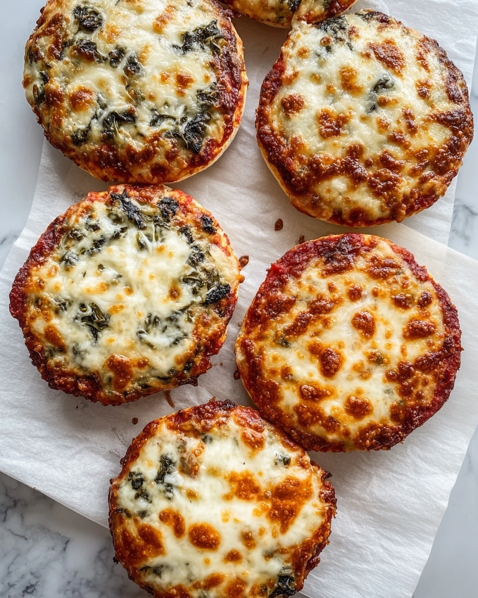 Six small round mini pizzas are arranged in two columns of three on white parchment paper over a white marbled surface. Each pizza has a golden brown layer of melted cheese on top, some areas darker with toasted spots. Two of the pizzas show slightly visible bits of green herbs or spinach peeking through the cheese layer. The base crust is thin and lightly browned, barely visible under the cheese and topping. The pizzas have a rustic, uneven round shape with a slightly crispy texture on the edges. Photo taken with an iphone --ar 4:5 --v 7