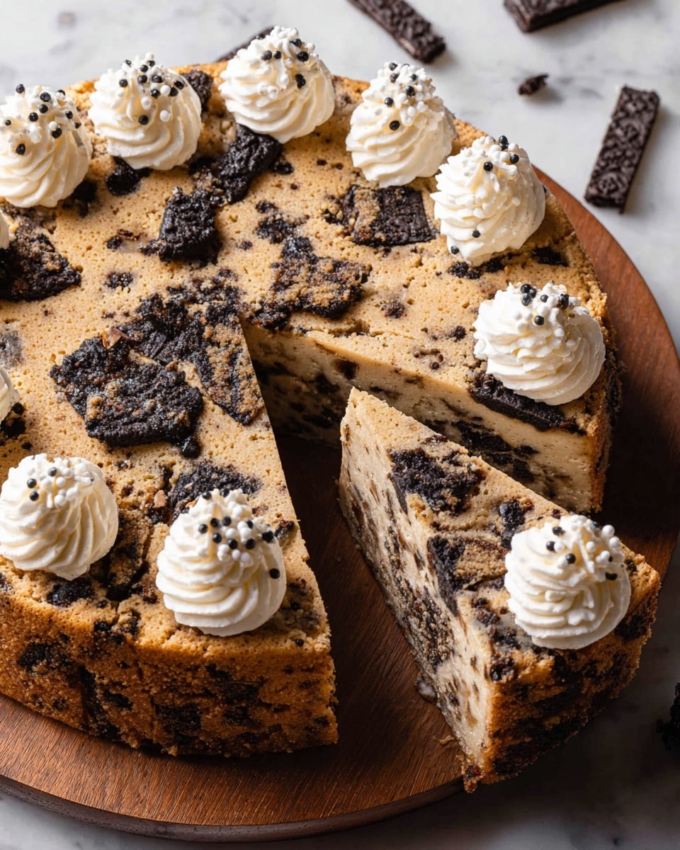 A round cake with two main layers: the base layer is a light brown cookie dough mixed with chunks of dark black cookies, creating a rough and speckled texture; the top layer is similar but slightly more golden and crisp with larger visible cookie pieces. The cake is cut into triangular slices, one slice being pulled out and showing the dense, chewy inside with embedded cookie chunks. Along the side of the cake, there are several white cream dollops with a smooth and swirled texture decorated with tiny white round sprinkles. The cake is placed on a round wooden board, all set on a white marbled surface. Photo taken with an iphone --ar 4:5 --v 7