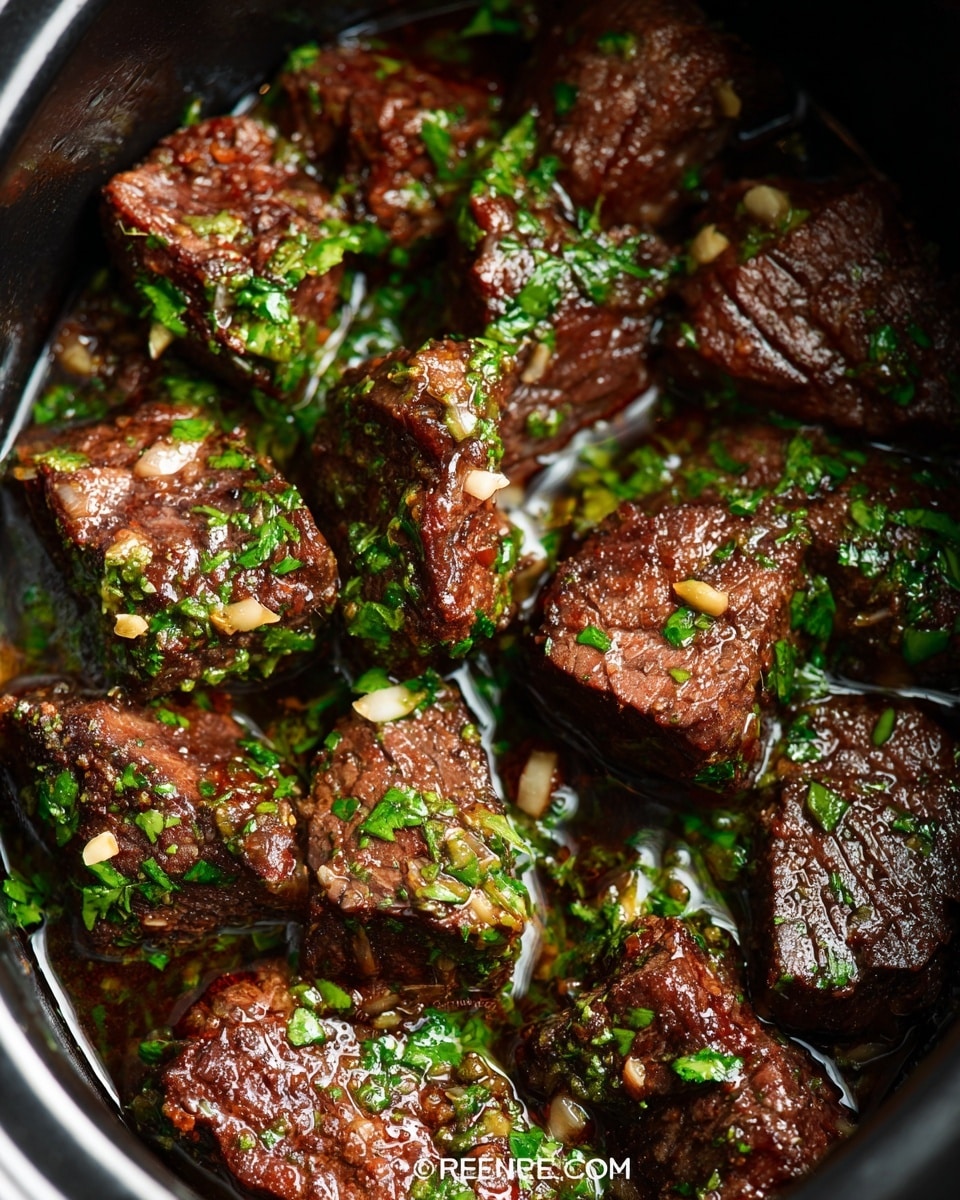 The image shows many dark brown beef chunks cooked in a rich, glossy sauce inside a black cooking pot. The beef pieces are roughly cut into similar-sized cubes with a slightly crispy surface texture. On top and around the beef are bright green chopped herbs sprinkled unevenly, adding fresh color contrast. The sauce appears thick and shiny, pooling slightly at the base of the meat, giving a moist and tender look. The focus is close-up, showing the meat’s texture and garnishing clearly. The background is a white marbled texture. photo taken with an iphone --ar 4:5 --v 7