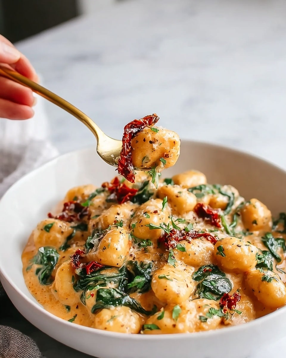 The image shows a white bowl filled with creamy orange-colored gnocchi sauce, mixed with green spinach leaves and red sun-dried tomatoes. The gnocchi pieces are small and soft, covered in the thick, smooth sauce, with fresh green herb shreds scattered on top. A woman's hand holds a gold spoon lifting some gnocchi and sun-dried tomato pieces above the bowl. The background is a white marbled texture, giving a clean and bright look. Photo taken with an iphone --ar 4:5 --v 7
