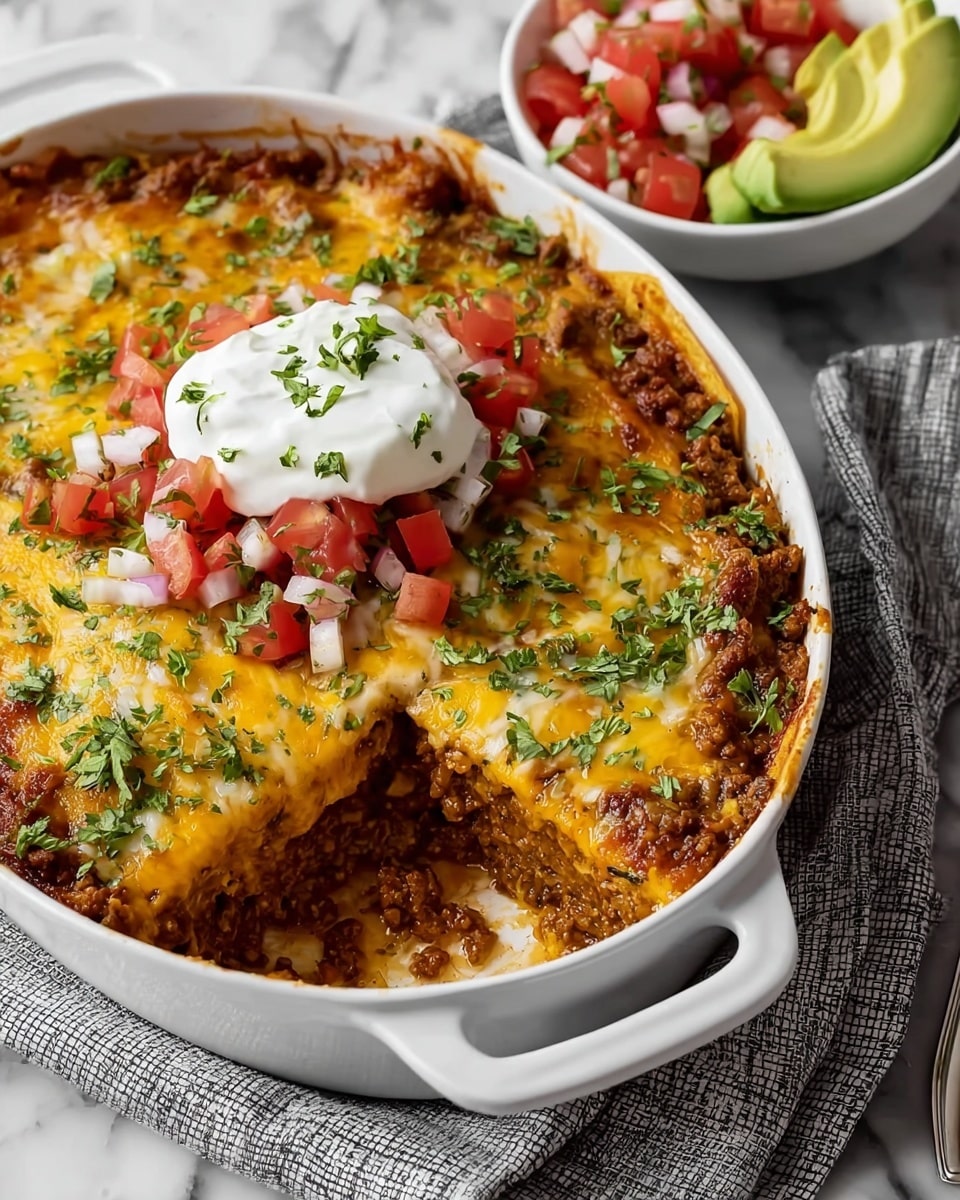 A white dish filled with several layers of nachos, starting with a base of browned ground meat, followed by a layer of crispy triangular tortilla chips partially covered in melted golden and slightly browned cheese. On top, there is a generous dollop of white sour cream in the center, surrounded by fresh red and white diced tomatoes and onions, along with green avocado slices and chopped green herbs sprinkled all over. A white bowl with the same diced tomato and onion mix is placed beside the dish on a white marbled surface, partially covered by a grey cloth. photo taken with an iphone --ar 4:5 --v 7