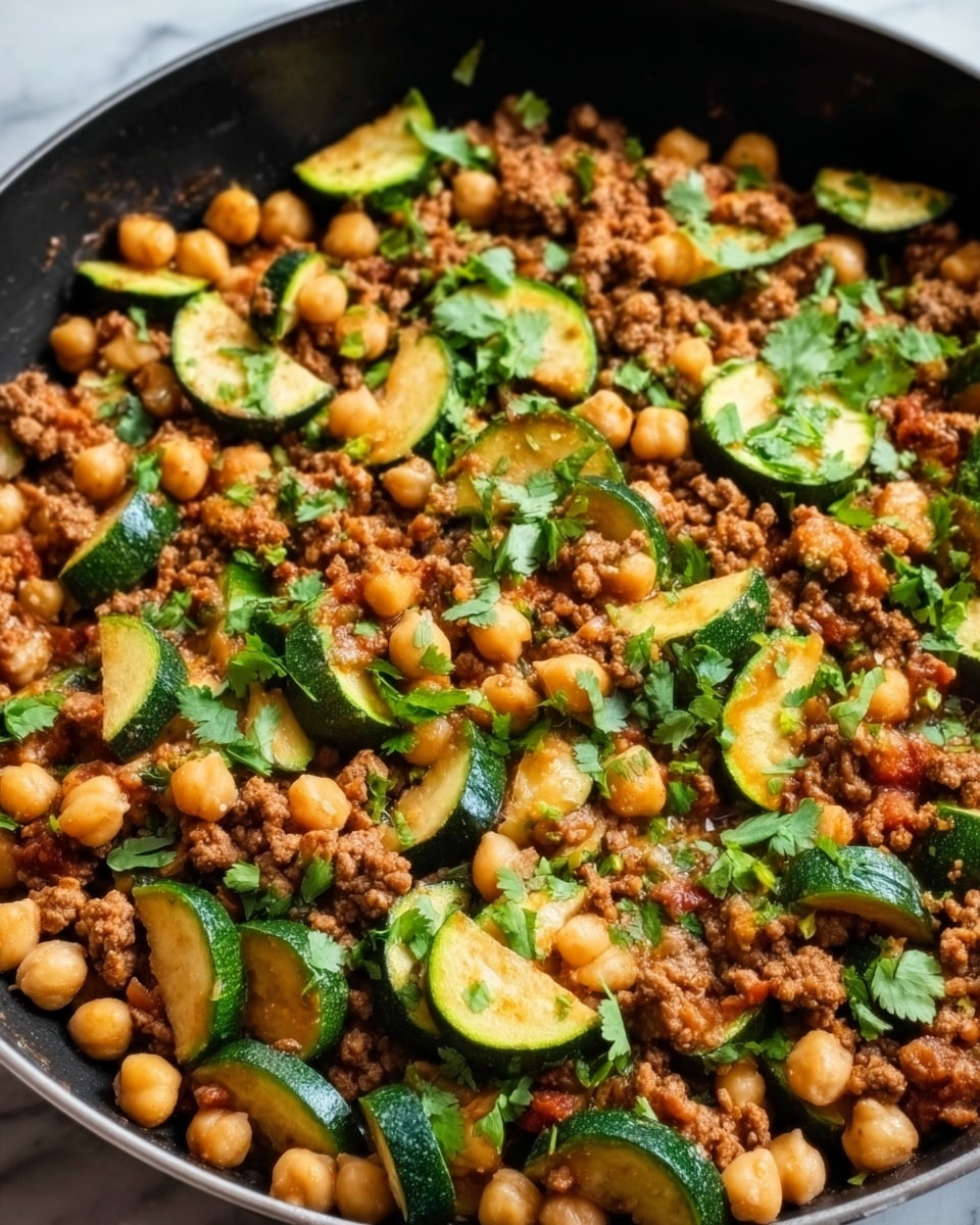 A close-up view of a white dish filled with a cooked mix of three main layers: at the bottom, a bed of golden chickpeas; on top of that, soft green zucchini pieces cut into half-moons; and the top layer consists of browned ground meat mixed with small bits of cooked onion and herbs. Fresh chopped green parsley is sprinkled over everything, adding a touch of brightness. The dish has a warm and hearty look with a mix of textures from the tender vegetables and the crumbly meat. The dish is placed on a white marbled surface. Photo taken with an iphone --ar 4:5 --v 7