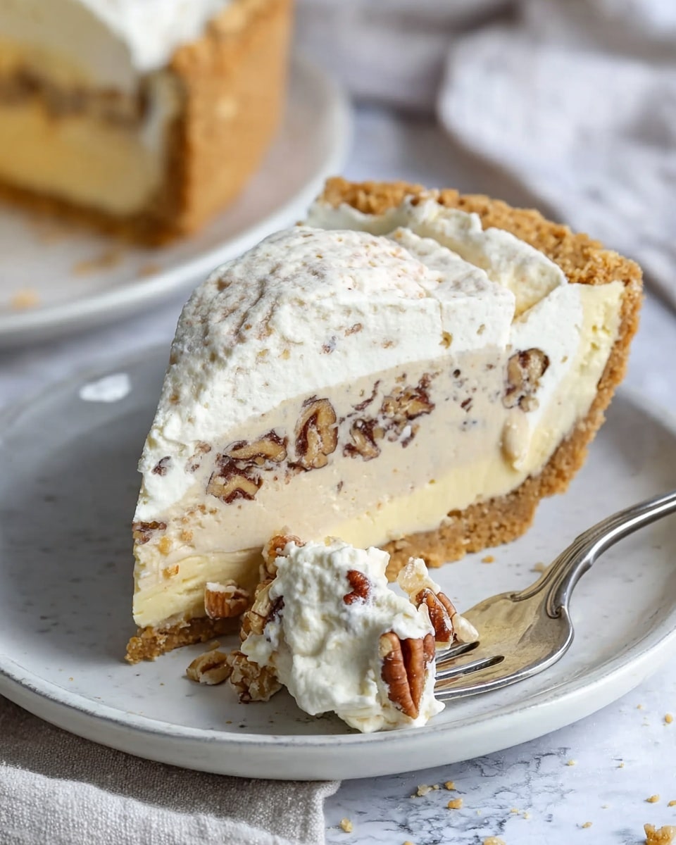 A slice of creamy two-layer pie sits on a white plate with a crumbly, golden crust hugging the edges. The bottom layer is a smooth light beige with a soft texture, while the thicker top layer is a pale cream color, studded with dark pecan pieces near the outer edge. A dollop of whipped cream rests against the pie slice, with another small portion on a silver fork lying in front of the slice. The plate is on a white marbled surface and in the background are whole pecans slightly out of focus. Photo taken with an iphone --ar 4:5 --v 7