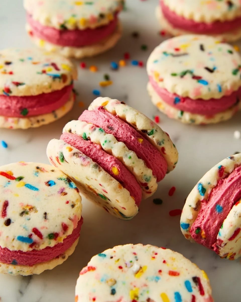 The image shows several round sandwich cookies with scalloped edges, each cookie having a white base speckled with colorful bits in red, blue, green, and yellow. Between two layers of these speckled cookies, there is a thick, smooth layer of bright pink cream filling. The cookies are scattered over a white marbled surface, creating a playful and colorful display, with some cookies standing upright to show the creamy middle layer, and some lying flat photo taken with an iphone --ar 4:5 --v 7