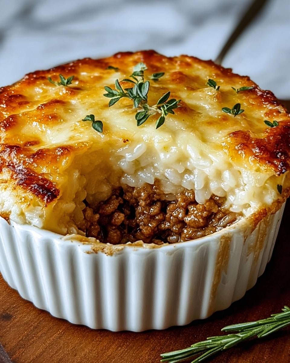 A close-up view of a baked dish in a white ribbed ramekin filled with two distinct layers: the bottom layer is brown, crumbly cooked ground meat mixed with rice pieces, while the top layer is a golden brown crust of baked rice that looks soft with some crispy edges. A few small green herb leaves are scattered on the top. The dish sits on a dark wooden surface with a soft textured gray cloth visible to the right. The background is dark, making the dish stand out clearly. photo taken with an iphone --ar 4:5 --v 7