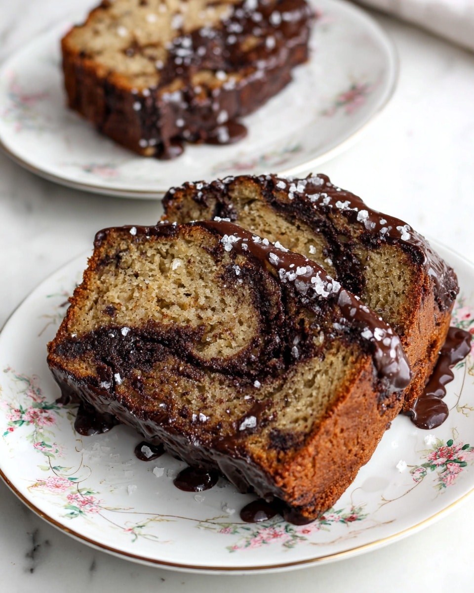 Two slices of chocolate chip banana bread are placed side by side on a white plate with embossed flower designs. Each slice shows a light brown, moist cake with dark chocolate chips swirled inside. The edges are covered in thick, glossy melted dark chocolate that drips slightly onto the plate. Coarse sea salt is sprinkled on top of both slices, adding a contrasting texture. In the background, there is another white plate with a single slice of the same bread, slightly out of focus, on a white marbled surface. photo taken with an iphone --ar 4:5 --v 7