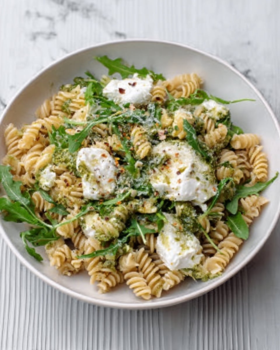 A white bowl filled with spiral-shaped pasta that is light beige in color, scattered with small green leafy arugula pieces. Dollops of white creamy cheese are placed on top of the pasta, partially melted into the noodles. Green pesto sauce is spooned over the cheese and pasta, creating a textured contrast with small bits of herbs and nuts visible. A light sprinkling of grated cheese and crushed pepper flakes adds a delicate, fine layer above everything. The bowl sits on a white marbled surface. photo taken with an iphone --ar 4:5 --v 7