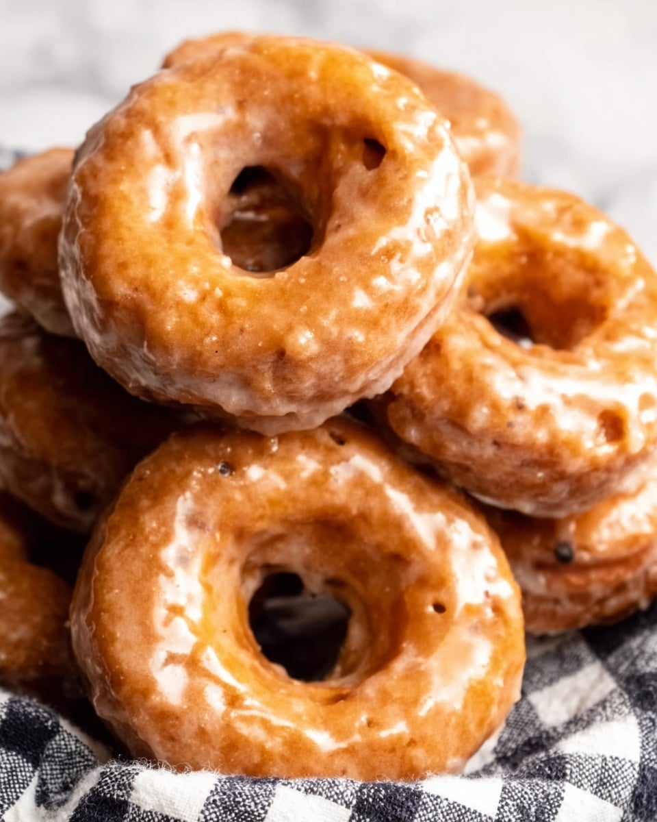 A close-up image of several brown glazed donuts stacked on each other, each donut showing a shiny, smooth glaze layer covering the entire surface with a slightly cracked texture, sitting on a white marbled surface. The glaze gives the donuts a shiny light brown color with some parts reflecting light softly, and the donuts have a slightly rough texture around the edges with visible donut holes in the center. Photo taken with an iphone --ar 4:5 --v 7