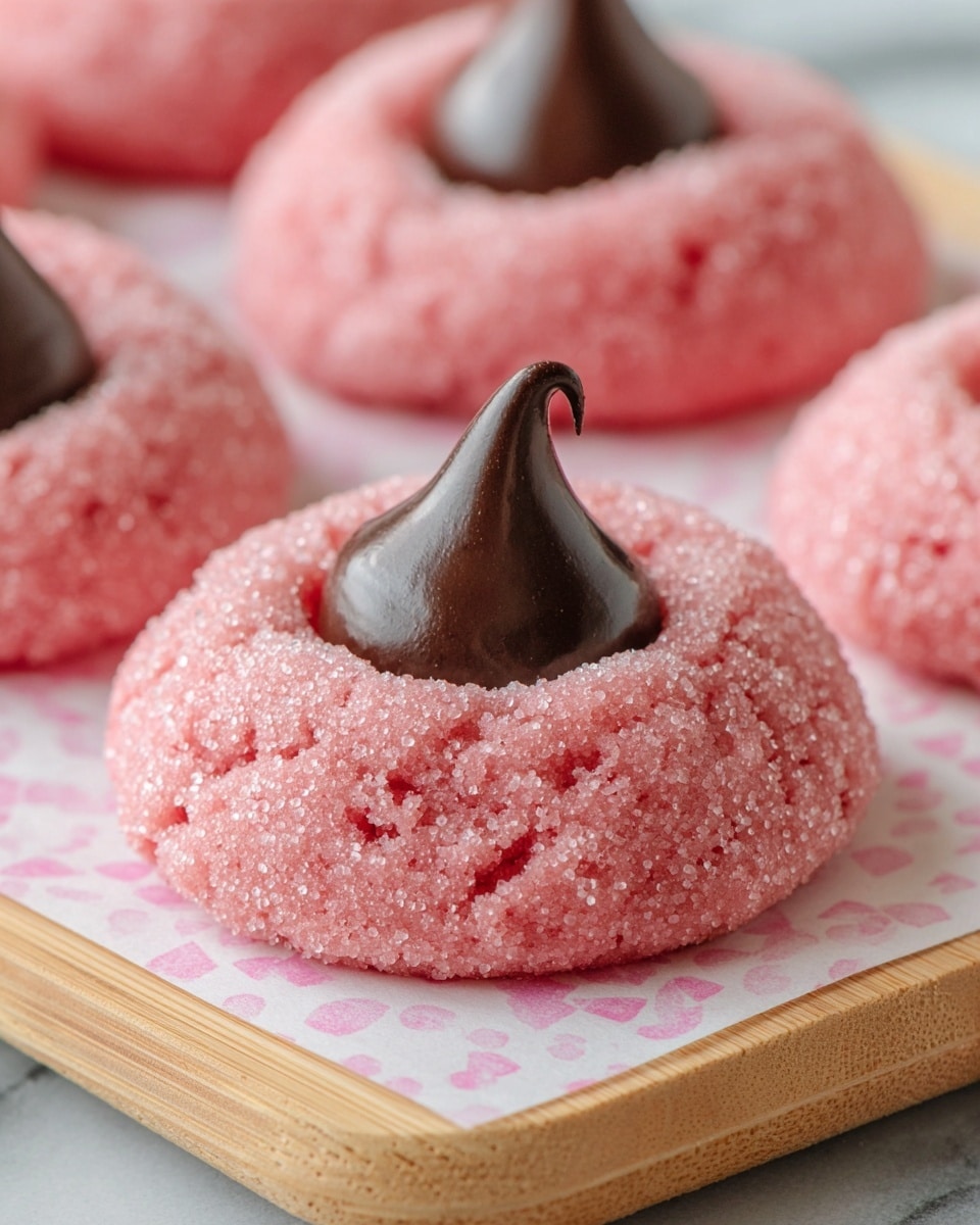 A close-up of a pink cookie with a rough, sugar-coated texture forming the base layer, shaped in a thick round with a small dip in the center. In the middle of the dip, there is a dark brown, smooth, shiny chocolate kiss placed upright, creating a sharp cone shape. The cookies rest on white square sheets of paper with a faint pink pattern, arranged on a wooden board with a white marbled background slightly blurred behind. Photo taken with an iphone --ar 4:5 --v 7