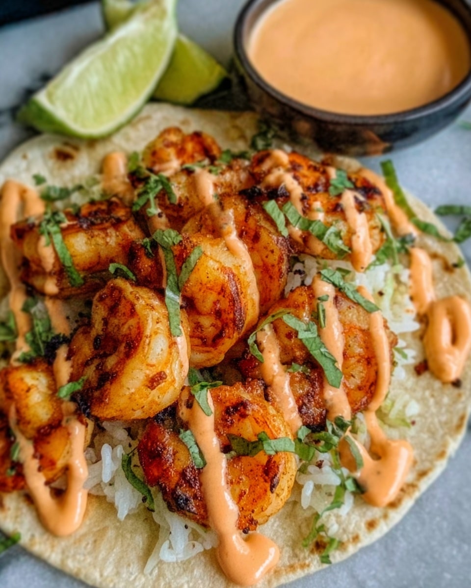 A close-up of a taco with a soft tortilla base, topped with a layer of rice, and several pieces of grilled shrimp that are orange with char marks. On top of the shrimp, there is a light drizzle of creamy orange sauce and some small green chopped herbs scattered evenly. A wedge of lime and a small bowl of creamy orange sauce sit beside the taco on a white marbled surface. The texture of the shrimp looks juicy and slightly crispy, while the tortilla is soft and warm. Photo taken with an iphone --ar 4:5 --v 7