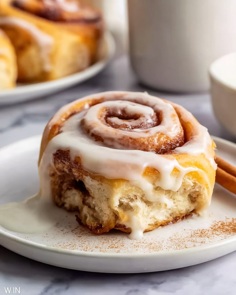 A close-up view of a single cinnamon roll placed on a white plate, showing its soft and fluffy layers with a golden brown swirl of cinnamon filling visible along the spiral. The top is generously covered with creamy white icing dripping gently down the sides, creating a smooth contrast against the textured dough. Light specks of cinnamon powder are scattered around the roll on the plate. In the background, slightly blurred, there is another white plate with more cinnamon rolls, part of a white marbled surface, and a white cup softly out of focus. photo taken with an iphone --ar 4:5 --v 7