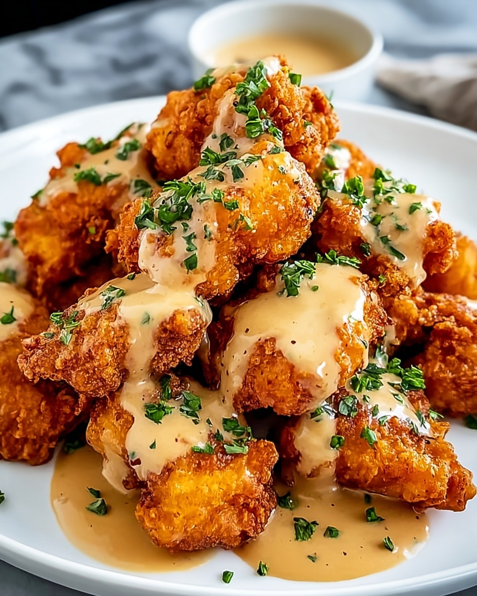 A white plate holds a pile of golden brown crispy fried chicken pieces, arranged in one thick layer. The chicken is generously covered with a creamy, light brown sauce that has a smooth texture and some shine. Small bits of chopped green herbs are scattered on top, adding a fresh touch. The sauce drips slightly over the edges of the chicken, pooling a bit on the plate, all set on a white marbled surface. photo taken with an iphone --ar 4:5 --v 7