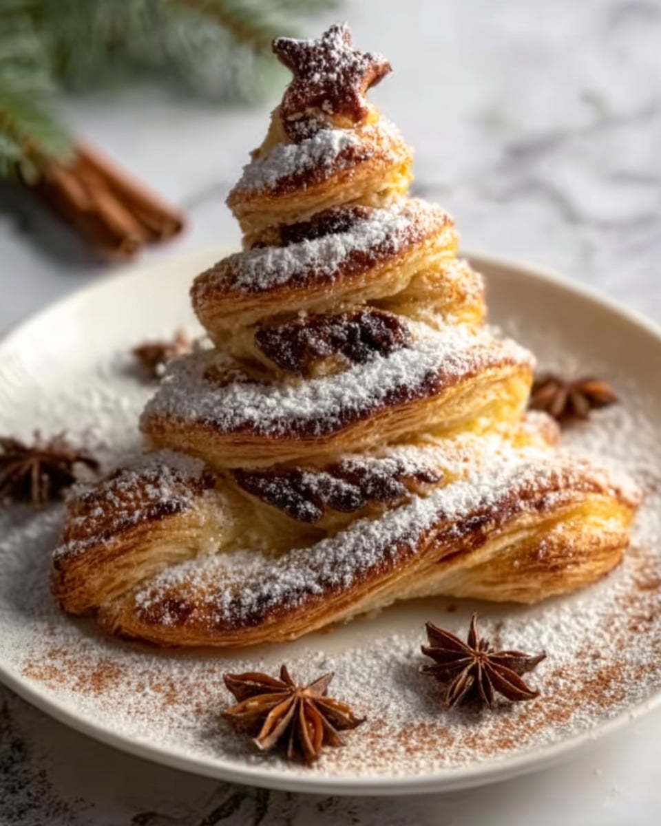 The image shows a Christmas tree-shaped pastry placed on a white plate, dusted with powdered sugar on top. The pastry has multiple twisted layers with a golden brown baked color and visible flaky texture. It is sprinkled lightly with a cinnamon-brown spice, and star anise pieces are scattered decoratively around the plate. The background is a white marbled texture. Photo taken with an iphone --ar 4:5 --v 7