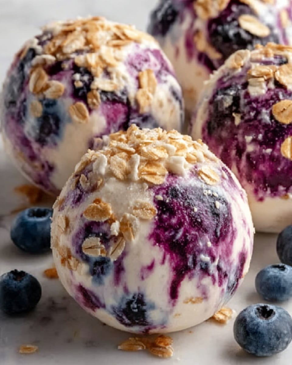 The image shows a close-up of round ice cream scoops with a creamy vanilla base swirled with deep purple blueberry sauce. Each scoop is sprinkled with light golden oat flakes on top, adding texture. The ice cream looks smooth and creamy, with the blueberries creating a marbled effect across the surface. The scoops rest on a white marbled surface, with fresh blueberries scattered around them. The lighting highlights the glossy, cold texture of the ice cream, making it look fresh and delicious. photo taken with an iphone --ar 4:5 --v 7