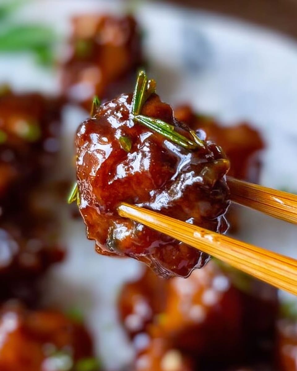 A close-up image of two pieces of sticky, shiny glazed chicken held by light brown wooden chopsticks. The chicken pieces have a rich dark brown color with a glossy texture from the sauce coating, dotted with small bits of green herbs. The background is softly blurred, showing more pieces of similarly glazed chicken on a white marbled surface. Photo taken with an iphone --ar 4:5 --v 7