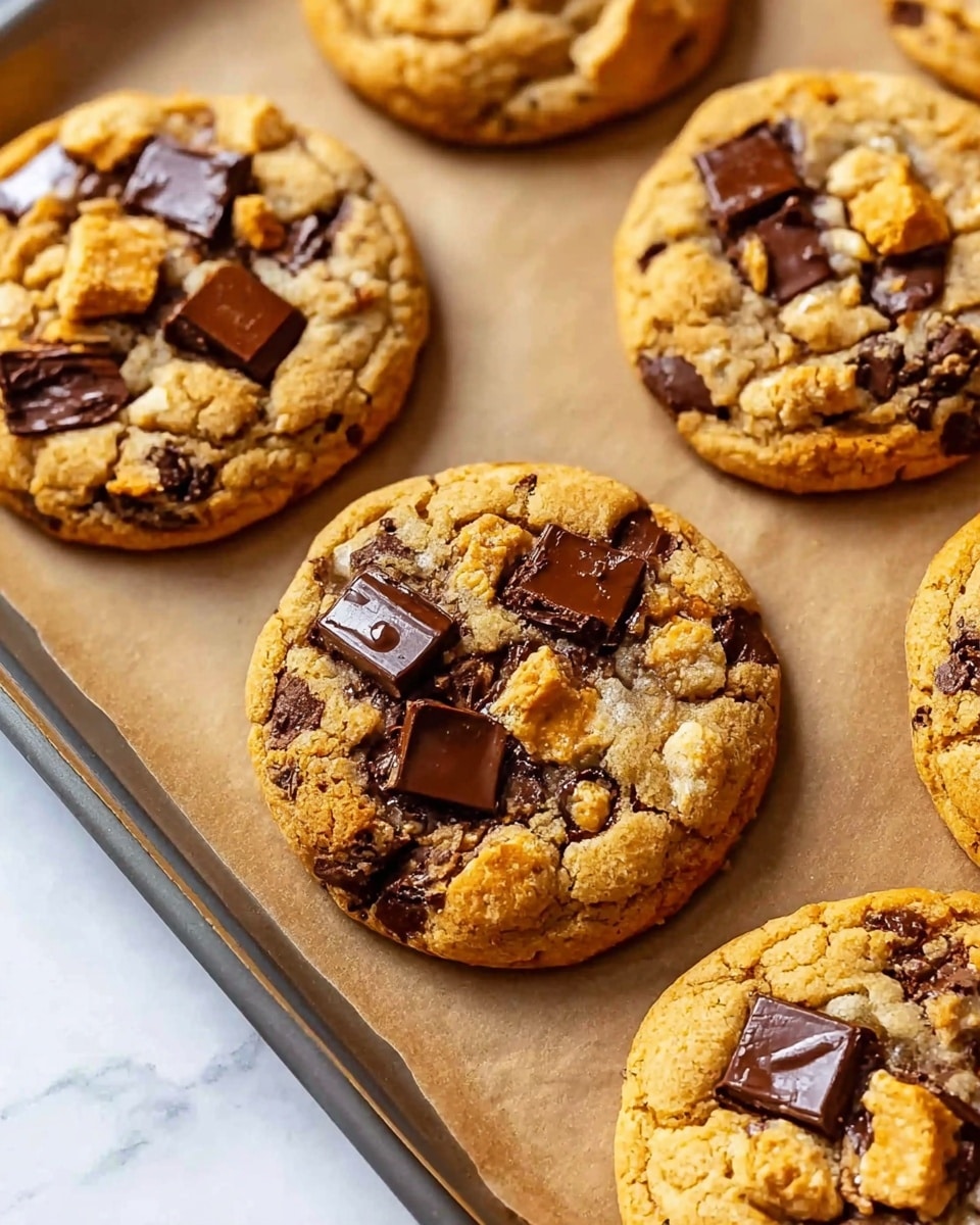 A close-up view of thick, golden-brown cookies with a rough texture, each studded with large chunks of melted dark chocolate and small pieces of light-colored marshmallow that are slightly toasted. The cookies show cracks on the surface, revealing the soft inside with gooey chocolate melting out. They are arranged closely together on a white tray lined with parchment paper, on a white marbled surface. Photo taken with an iphone --ar 4:5 --v 7