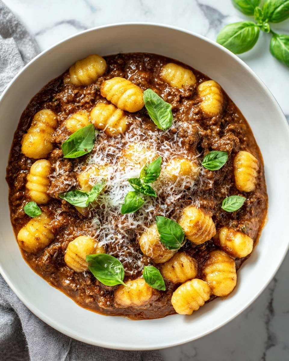 A white speckled bowl filled with soft gnocchi covered in rich reddish-brown meat sauce, topped with fresh green basil leaves and grated white cheese scattered over the top, all sitting on a white marbled surface with a light gray cloth partially visible in the background. The gnocchi are plump and slightly glossy, and the sauce has a thick, textured look with small meat pieces evenly spread. photo taken with an iphone --ar 4:5 --v 7