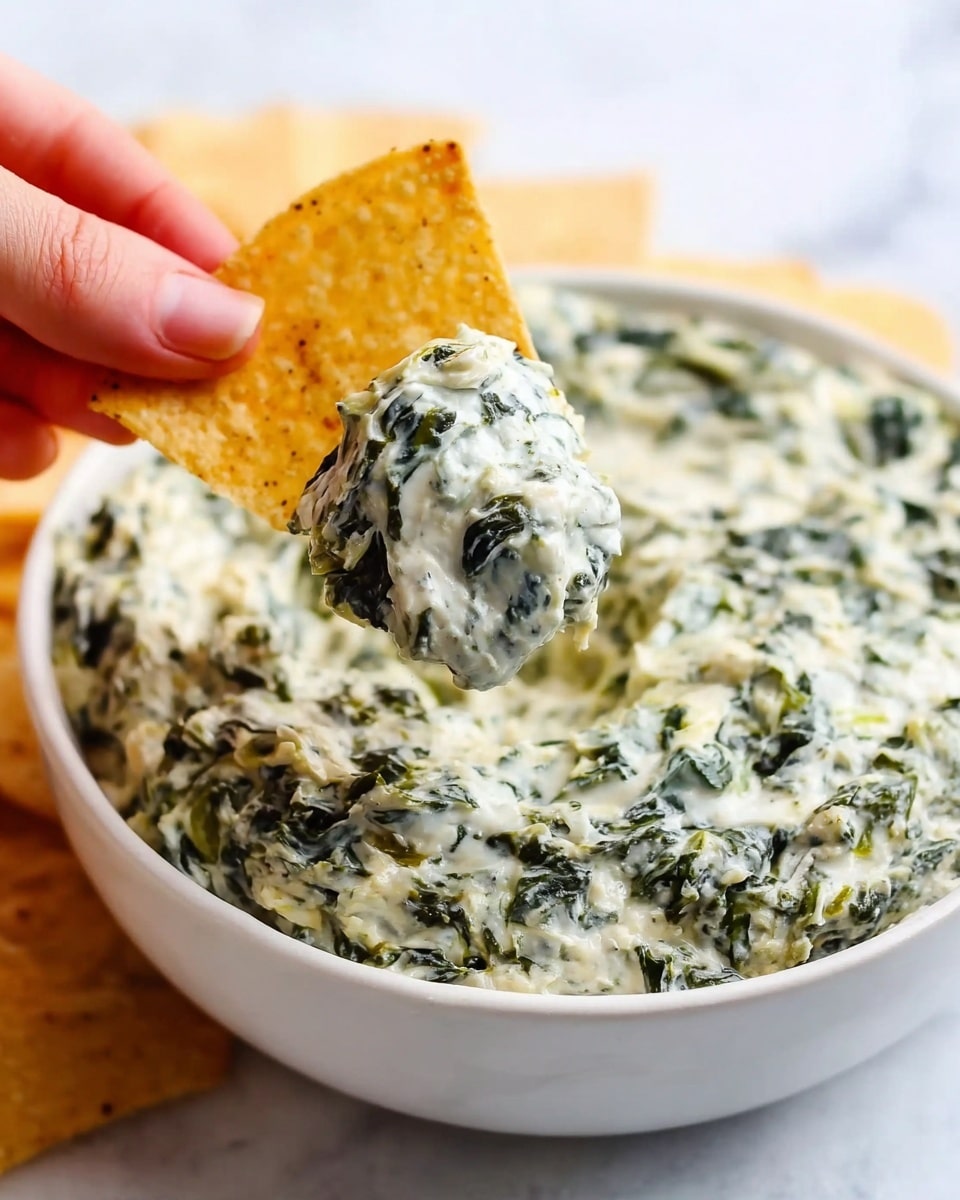 The image shows a close-up of a white bowl filled with a creamy spinach dip, which has a thick, mixed texture of white and green from the spinach leaves, with small golden brown spots of baked cheese on top. In front of the bowl, a woman's hand holds a single pale yellow textured tortilla chip, slightly curved, topped with a generous scoop of the creamy spinach dip, making the green spinach and white cream mix clearly visible. The background is a smooth white marbled surface. Photo taken with an iphone --ar 4:5 --v 7