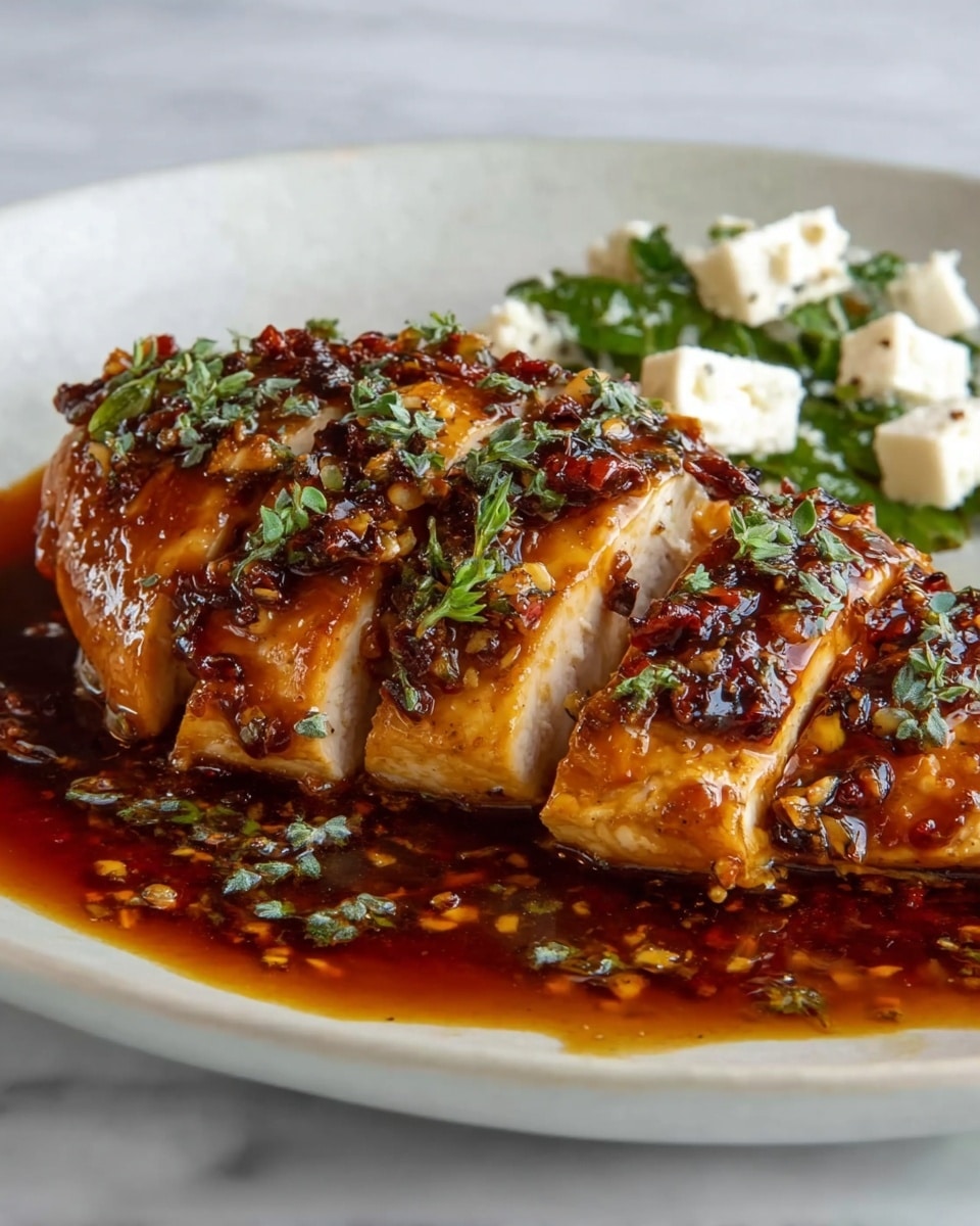 The dish shows a thick, golden-brown chicken breast sliced into five pieces, each cut angled and still arranged close together, covered in a glossy, dark reddish-brown sauce with visible bits of garlic and fresh green herbs scattered on top and around. The chicken rests on a shallow pool of the same sauce, which is slightly oily and reflective. In the background, there are white cubes of cheese mixed with green leafy herbs, providing a fresh contrast to the rich colors of the chicken and sauce. All of this is served on a plain white plate set on a white marbled surface. Photo taken with an iphone --ar 4:5 --v 7