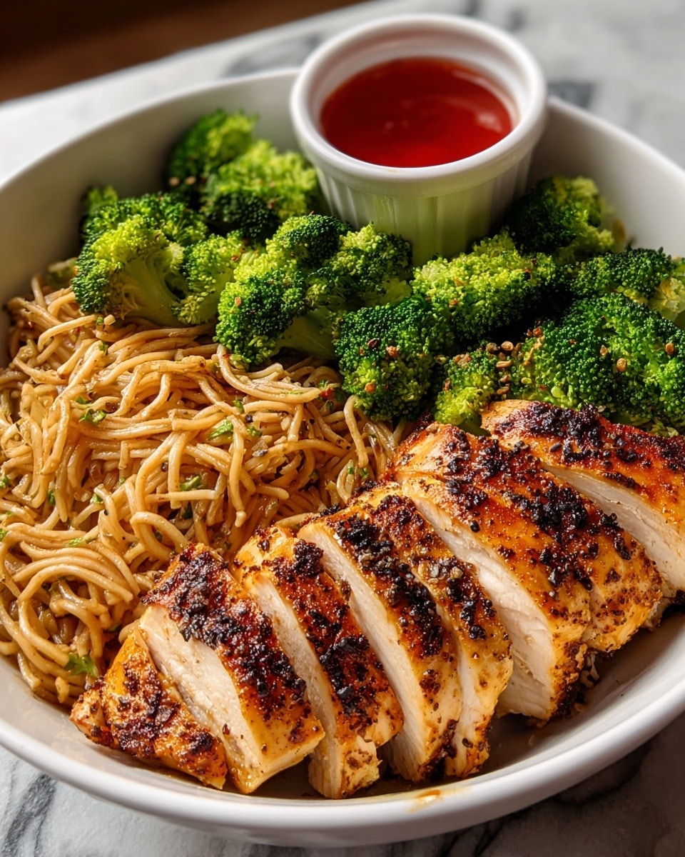 A white bowl filled with three main parts: bright green broccoli florets placed on the left side, light brown noodles with a slightly shiny texture below the broccoli, and thick slices of grilled chicken breast on the right. The chicken is seasoned with visible spices and has a nicely charred, caramelized surface with a golden brown color. At the back of the bowl, a small white dipping cup holds a vivid red sauce. The bowl sits on a white marbled surface. photo taken with an iphone --ar 4:5 --v 7