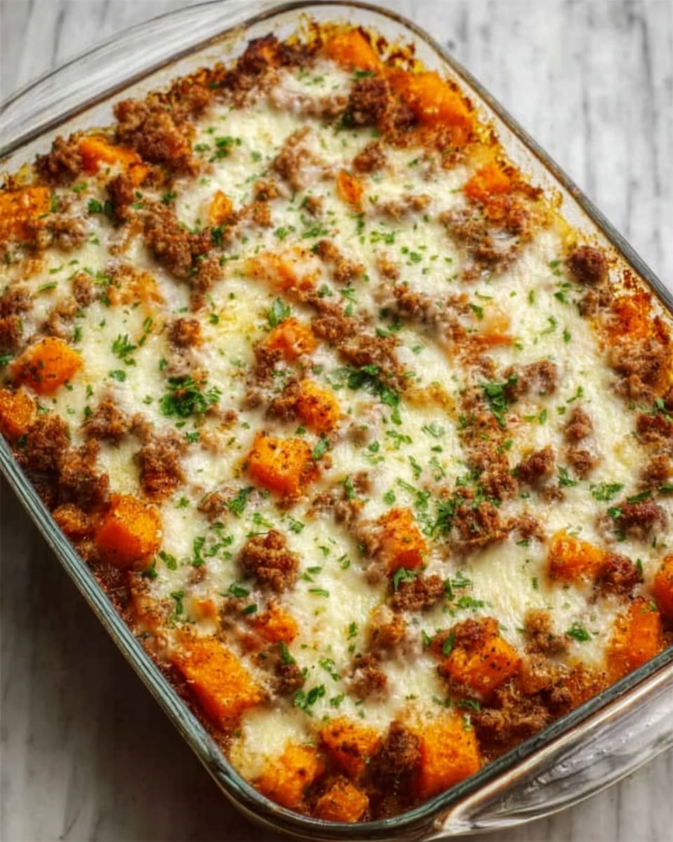 A clear glass baking dish filled with a layered baked dish. The bottom layer has a mix of cooked orange chunks, likely squash or sweet potatoes, with a slightly soft texture. On top, there are scattered browned pieces of ground meat mixed evenly. The top layer is melted cheese, white and slightly bubbly, covering the whole dish with some herbs sprinkled across, adding green spots for color. The dish looks warm and gooey, resting on a white marbled surface. Photo taken with an iphone --ar 4:5 --v 7
