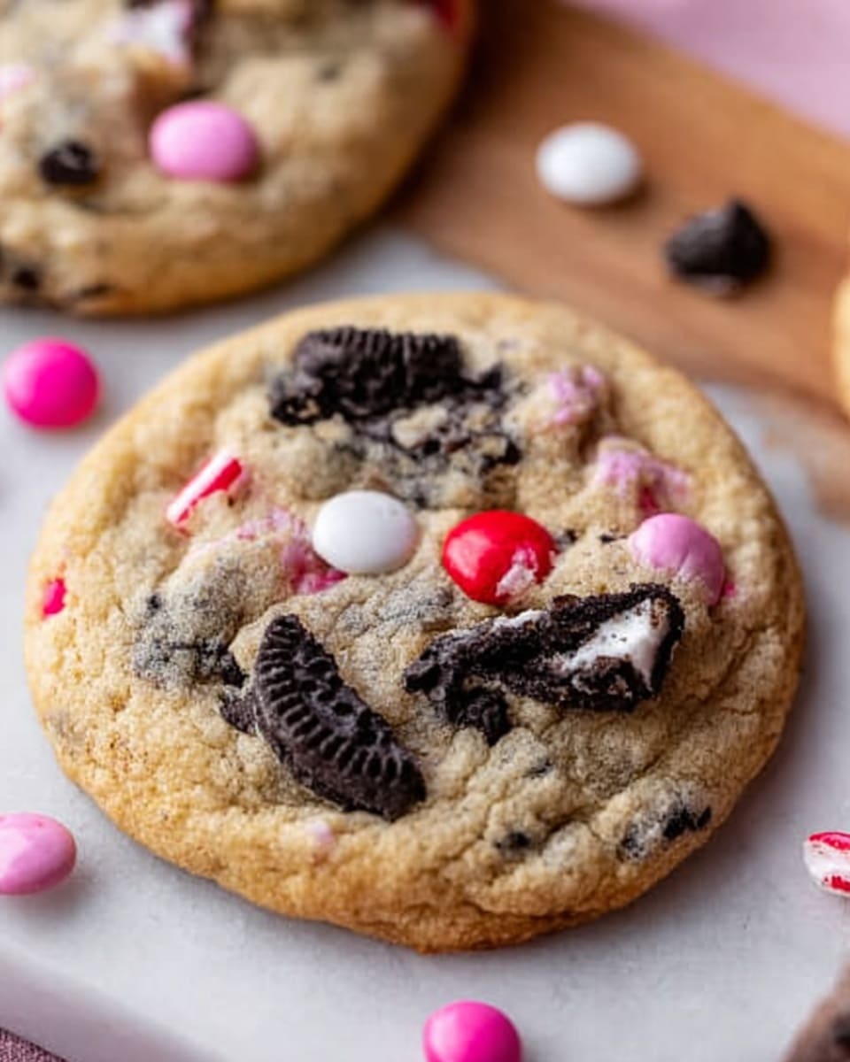 A close-up view of a soft, round cookie with a light golden-brown base and slightly cracked texture. Embedded in the cookie are broken pieces of dark chocolate sandwich cookies with white cream, along with colorful candy-coated chocolates in pink, red, and white hues scattered across the surface. The cookie sits on a white marbled surface with a wooden board partially visible in the background. Photo taken with an iphone --ar 4:5 --v 7