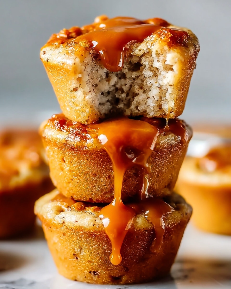 The image shows a stack of three soft, golden-brown mini muffins placed on a white marbled surface, with the top muffin featuring a bite taken out, revealing its moist, fluffy inside. Each muffin has a smooth, slightly textured surface with a drizzle of shiny caramel sauce flowing down the sides, adding a rich amber color contrast. The muffins show tiny flecks throughout, hinting at spices or flavor bits, while a blurred background keeps the focus on the foreground stack. Photo taken with an iphone --ar 4:5 --v 7