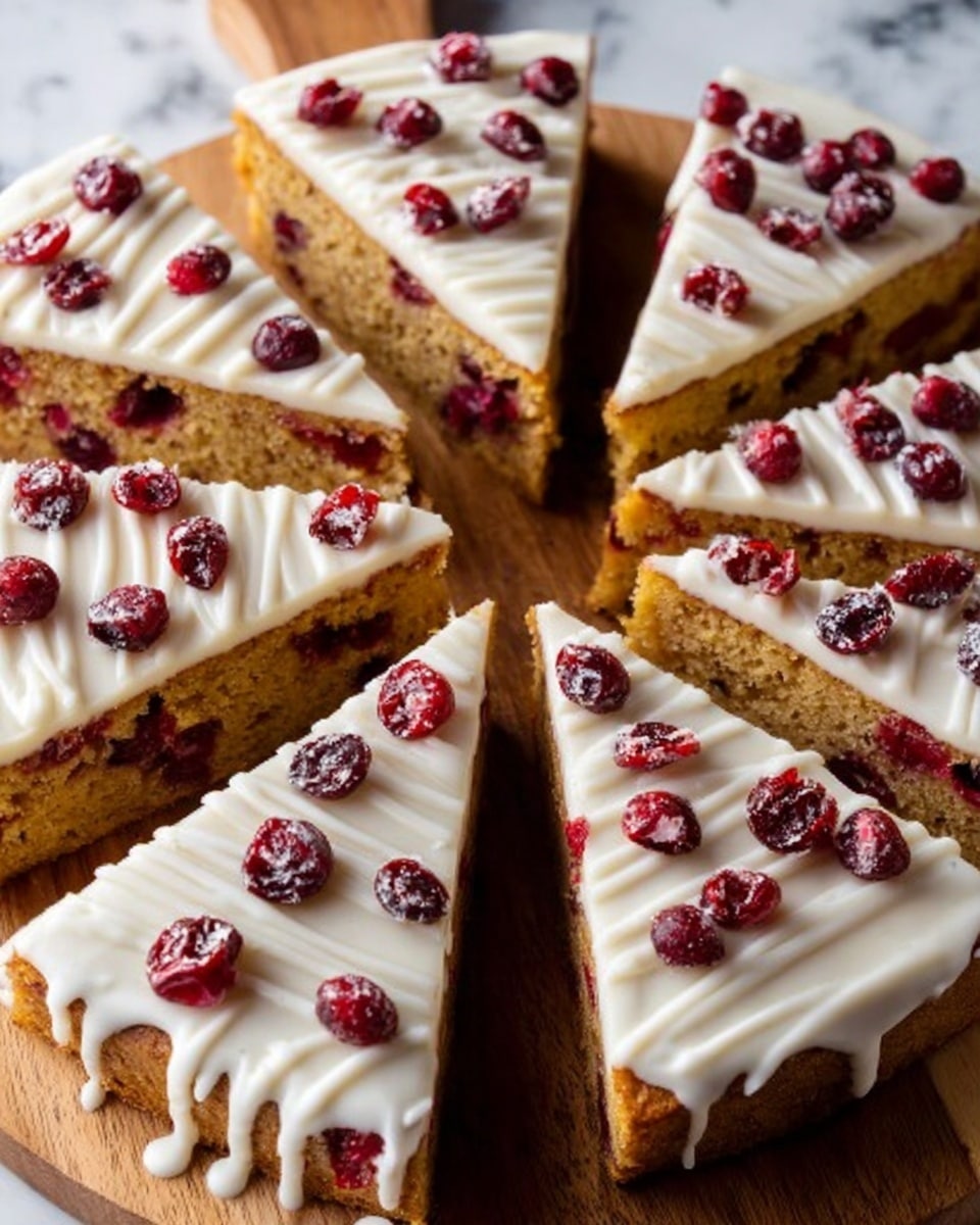 The image shows multiple triangular slices of a cake arranged in a circle on a wooden board. Each slice has two main layers: a thick, light brown cake base with visible red cranberry pieces inside, and a smooth white icing layer on top. The icing is decorated with diagonal white drizzle and many whole dried cranberries scattered over it. The texture of the cake looks soft and moist, with the cranberries adding a pop of deep red color. The wooden board is placed on a white marbled surface. photo taken with an iphone --ar 4:5 --v 7