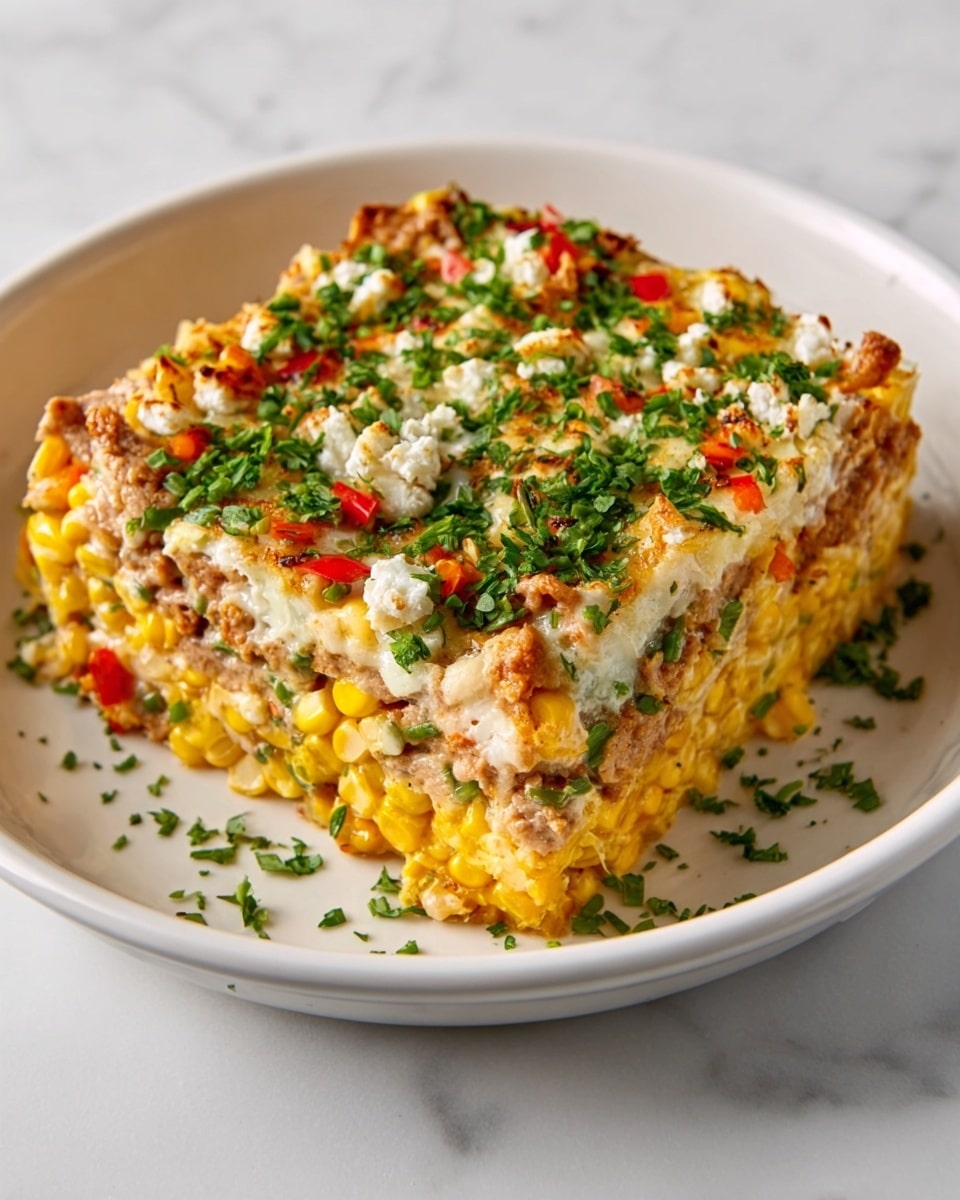 A square-shaped layered dish sits on a white plate with a white marbled texture surface beneath. The bottom layer consists of bright yellow corn kernels mixed with a creamy sauce, topped by a second thicker layer that includes tender chunks of browned meat and more corn. The top layer is a golden-brown crust with melted cheese and some crispy, caramelized spots. Fresh green chopped herbs are generously sprinkled on top, adding a vibrant contrast to the warm yellow and brown tones of the dish. Small bits of green and red peppers are visible within the layers, adding pops of color. photo taken with an iphone --ar 4:5 --v 7