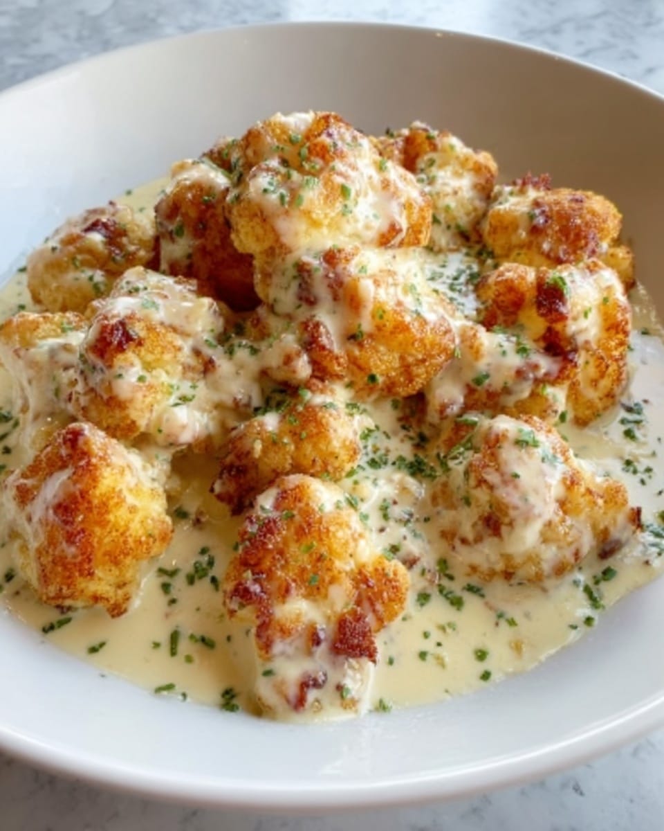 A white round plate holds a creamy cauliflower dish with about three layers: a bottom creamy sauce layer that is pale yellow and smooth, a middle layer filled with golden browned cauliflower florets that look tender with some charred edges, and a sprinkle of finely chopped green herbs and reddish seasoning dotted over the top. The cauliflower pieces are chunky and irregular in shape, and the sauce has a slightly thick texture that clings to the vegetables. The background is a white marbled surface, making the colors of the dish stand out clearly. Photo taken with an iphone --ar 4:5 --v 7