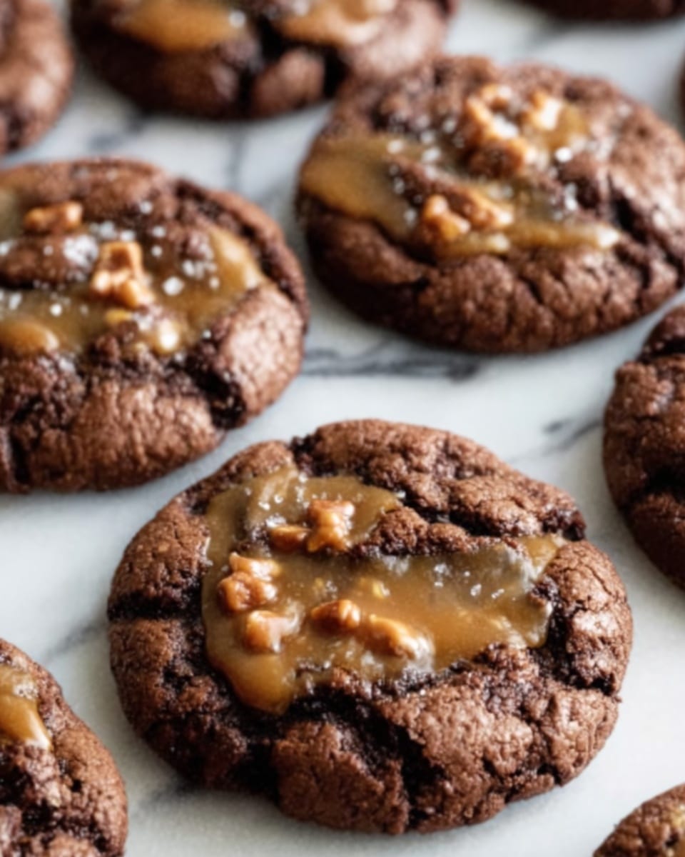 A close-up view of several soft chocolate cookies with cracks on the surface, each topped with a swirl of glossy caramel and small chocolate chips scattered on top, showing a rich, dark brown color with a slightly rough texture. The cookies are placed on a white marbled surface, arranged closely together. photo taken with an iphone --ar 4:5 --v 7