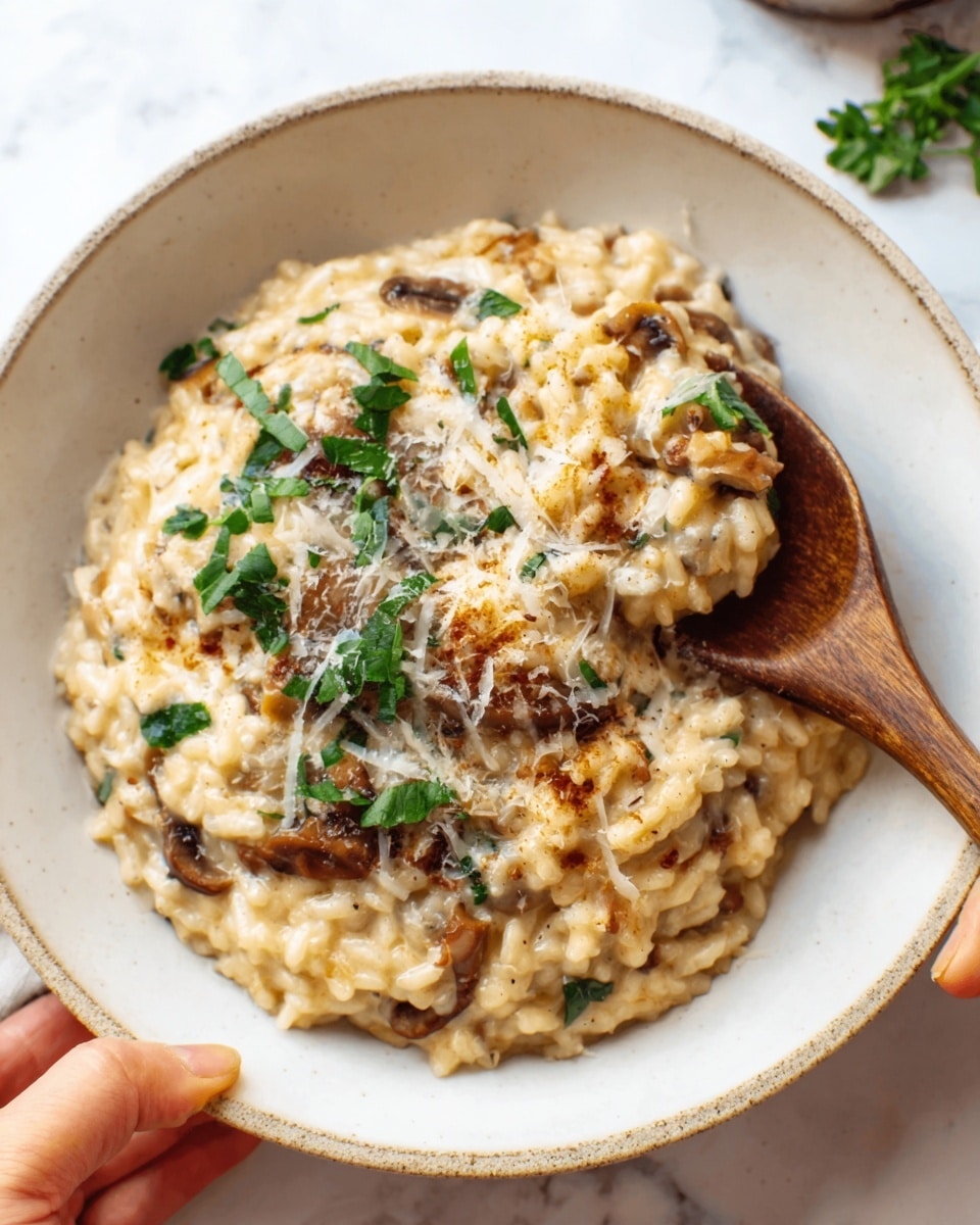 A close-up view of a creamy mushroom risotto served in a white bowl. The risotto is thick and rich, with visible layers of soft, creamy rice mixed with small pieces of brown mushrooms and fresh green parsley leaves scattered on top. The surface is sprinkled with a light dusting of grated cheese that adds a slightly golden texture. A wooden spoon is gently scooping into the risotto, held by a woman's hand from the right side of the frame. The bowl sits on a white marbled background, adding a clean and bright contrast to the warm tones of the dish. Photo taken with an iphone --ar 4:5 --v 7