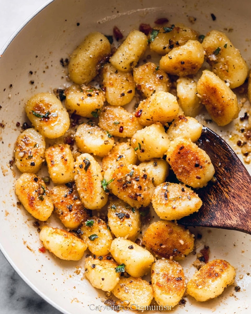 The image shows a closeup of pan-fried gnocchi in a white pan. The gnocchi pieces are golden brown with crispy, slightly charred spots. They are coated with black pepper flakes and small green herb bits scattered around. A wooden spatula rests on the gnocchi, slightly lifting some pieces. The background is a white marbled texture. photo taken with an iphone --ar 4:5 --v 7