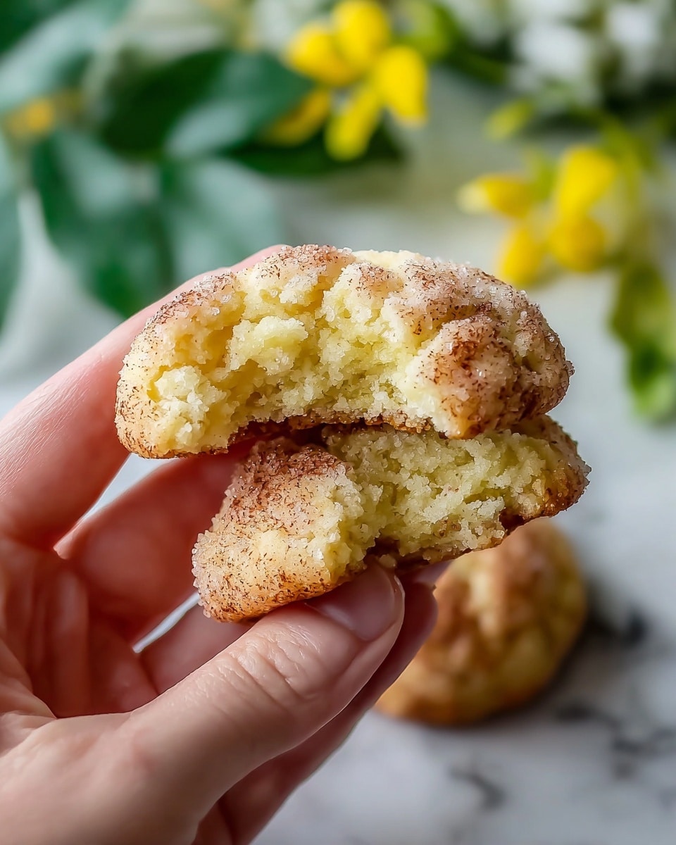 A close-up of a soft, small cookie with a light yellow inside and a crust covered in sugar crystals and light brown cinnamon specks, held in a woman's hand that is breaking it apart, showing the crumbly texture inside; the cookie rests on a white marbled surface with blurred green leaves and yellow flowers in the background. photo taken with an iphone --ar 4:5 --v 7