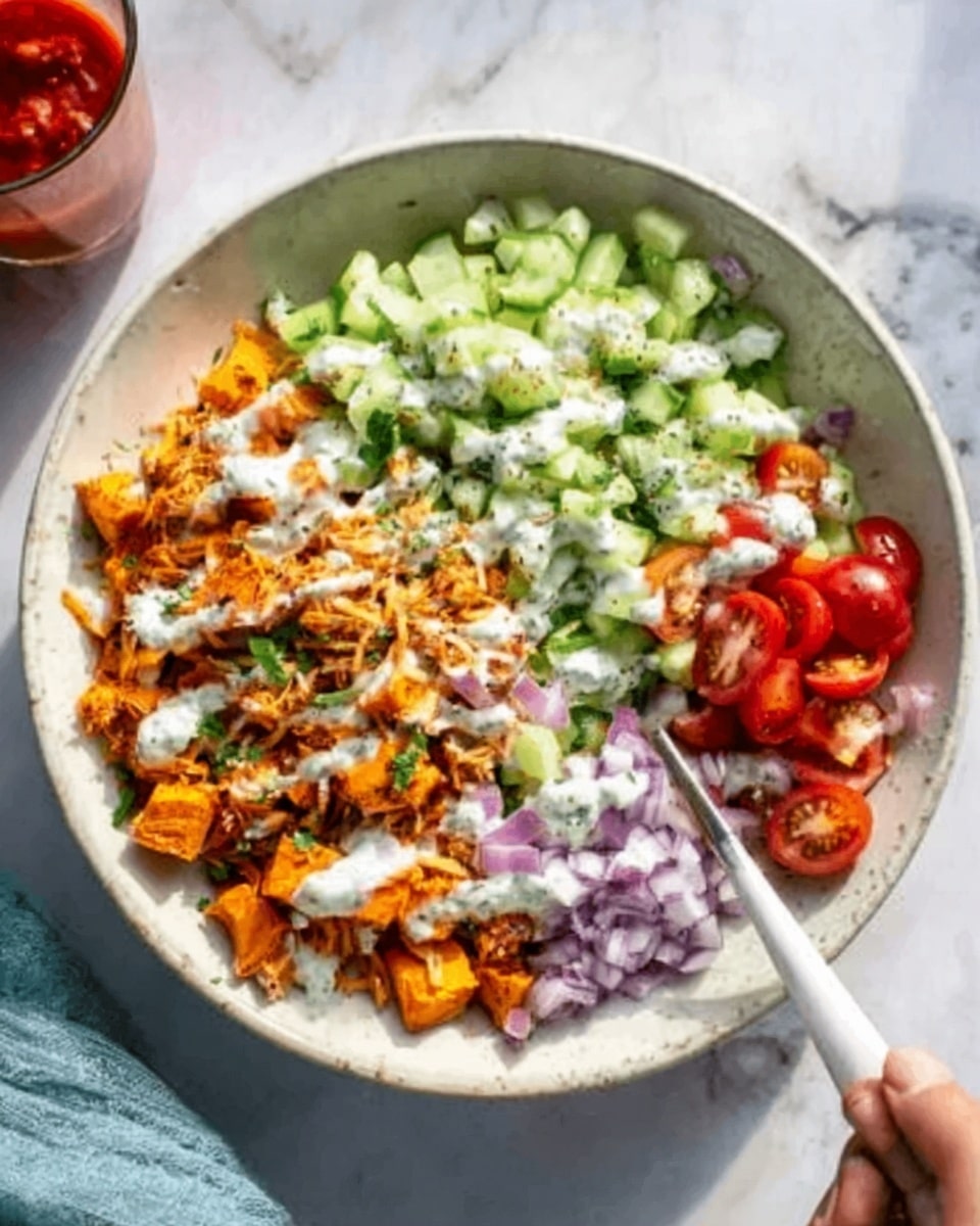 A close-up of a white bowl filled with multiple colorful layers of food arranged neatly. Starting from the left, there are orange roasted sweet potato cubes with a slightly crispy texture, topped with white yogurt sauce drizzled over them. Next to it is a pile of finely chopped green cucumber pieces with a fresh and crunchy look. Below the cucumber are small red cherry tomatoes, halved and juicy. Above the tomatoes is a small mound of finely diced purple onions. A woman's hand holds a white spoon resting on the edge of the bowl. The bowl sits on a white marbled surface, and in the background, there's a glass with red sauce. The image has bright natural light showing all the fresh ingredients clearly. Photo taken with an iphone --ar 4:5 --v 7