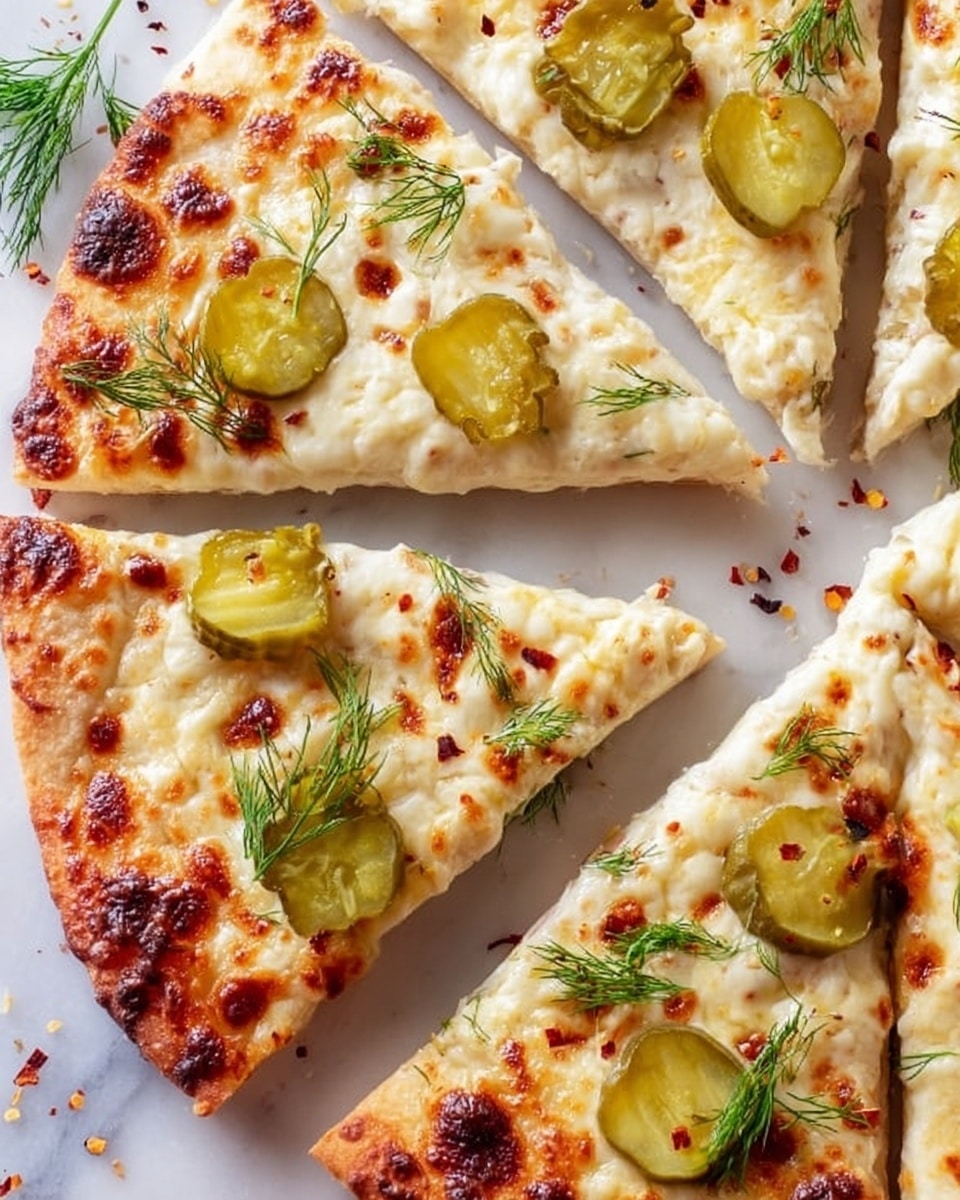 A close-up view of a sliced pizza on a white marbled surface, showing six triangular slices with a golden-brown crust. The pizza has two main layers: a creamy white cheese layer melted evenly across the top with browned, bubbly spots, and scattered green pickle slices placed on top of the cheese. Small sprigs of fresh dill are spread over the pizza, adding a touch of green and freshness. Some red chili flakes and extra pickle slices are scattered around the pizza on the white marbled surface, enhancing the rustic look. photo taken with an iphone --ar 4:5 --v 7