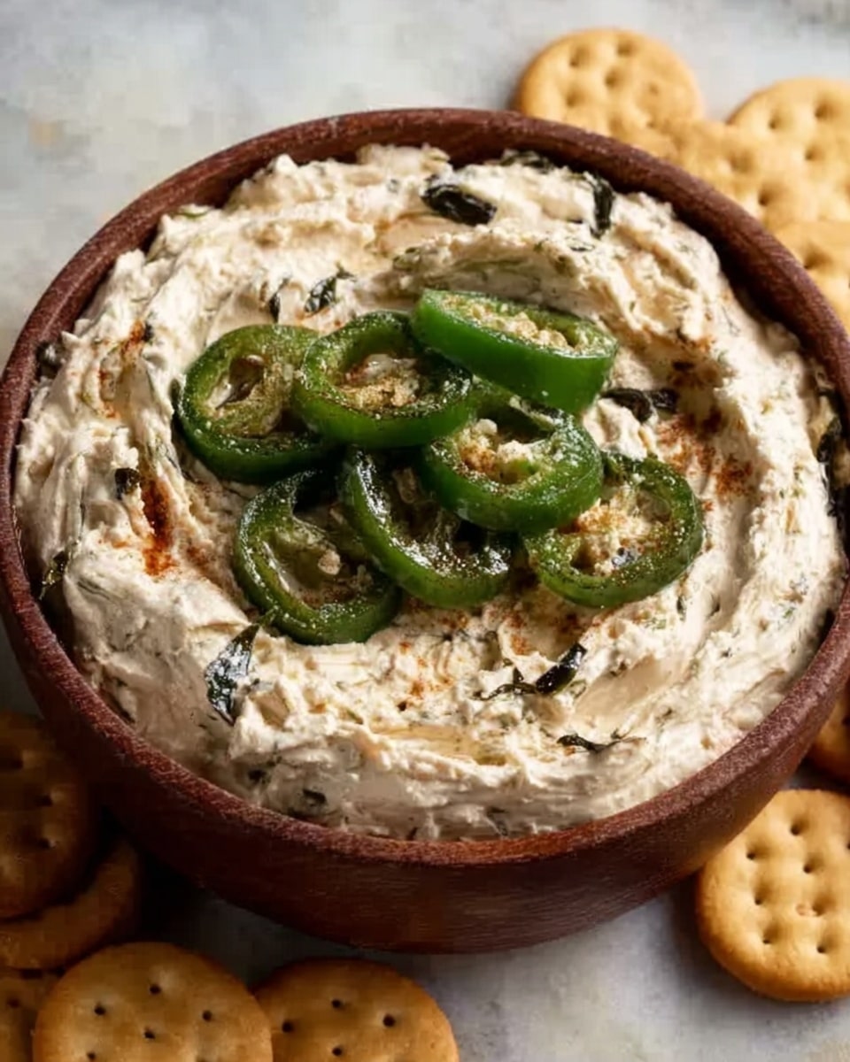 A brown bowl filled with a creamy dip that has a light beige color mixed with small green and dark specks, topped with several slices of shiny roasted green peppers arranged in the center. The bowl is placed on a white marbled surface, and beige round crackers are scattered near the bowl's edge. The texture of the dip looks smooth but with some chunks inside. Photo taken with an iphone --ar 4:5 --v 7