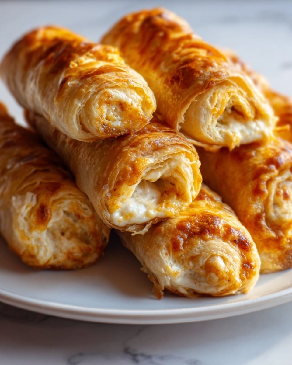 The image shows a close-up of several rolled pastries stacked on a white plate, each with a golden-brown, flaky crust that has a shiny, lightly crisp surface. The rolls are tightly wrapped, with the ends slightly open, revealing a soft, creamy filling inside that has a pale beige color. The layered texture of the crust is clear, with some darker spots where the baking gave a more toasted look. The plate is set on a white marbled surface, giving a clean and bright background. Photo taken with an iphone --ar 4:5 --v 7