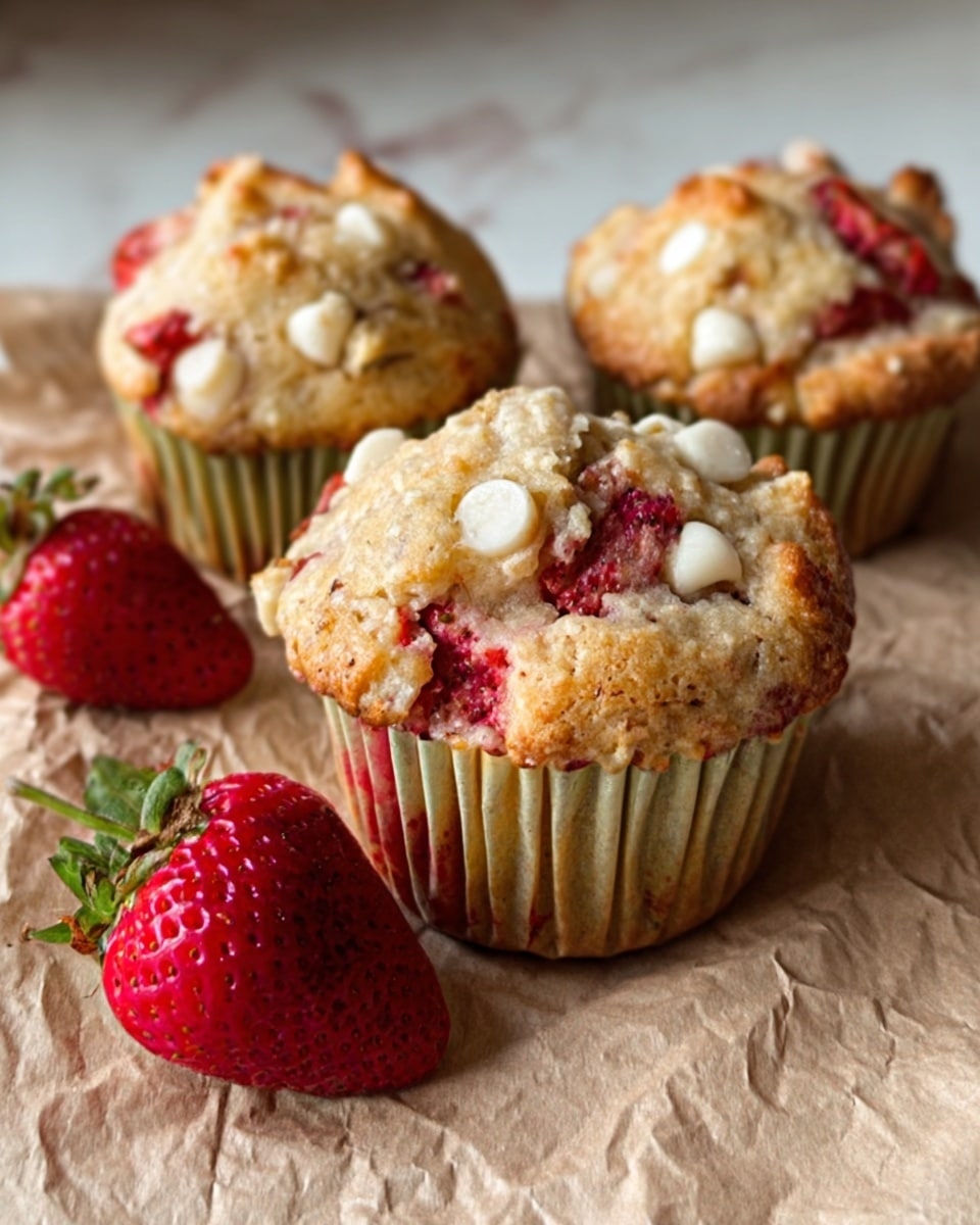 The image shows three muffins on crinkled parchment paper with a white marbled background. Each muffin has a golden brown top with visible red strawberry pieces and white chips, and the tops have a slightly cracked texture. The muffin wrappers are green, adding a touch of color contrast. In the foreground, a whole fresh strawberry with green leaves is placed next to the muffins, enhancing the fresh look of the scene. Photo taken with an iphone --ar 4:5 --v 7