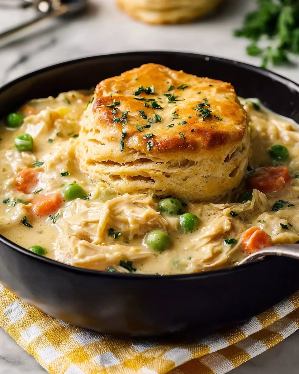 A black bowl holds a thick, creamy chicken pot pie filling filled with green peas, orange carrots, and shredded chicken in a light beige sauce. In the center, a golden brown, flaky biscuit sits on top, its layers visible and sprinkled with small bits of chopped green herbs. The bowl sits on a yellow and white checkered cloth on a white marbled surface, with a slight blur of green herbs and kitchen items in the background. The scene is bright and inviting, with a close-up focus on the biscuit and the creamy filling around it. photo taken with an iphone --ar 4:5 --v 7