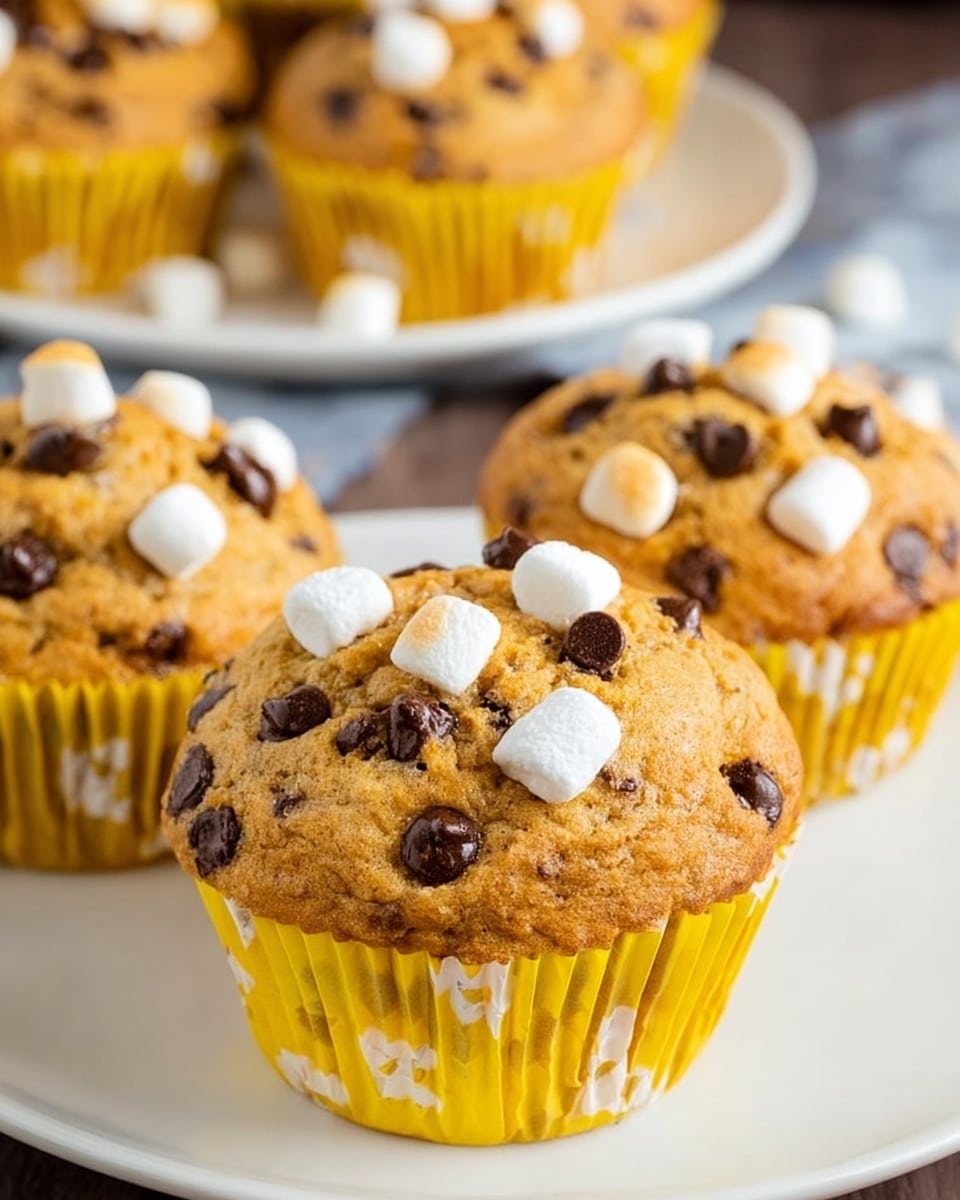 A close-up view of several muffins with a golden brown top, dotted with small white marshmallows and dark chocolate chips scattered evenly across the surface. Each muffin sits in a bright yellow paper cup with white patterns, placed on a large white plate. The background features more muffins slightly out of focus on a white marbled surface, adding depth to the image. Photo taken with an iphone --ar 4:5 --v 7